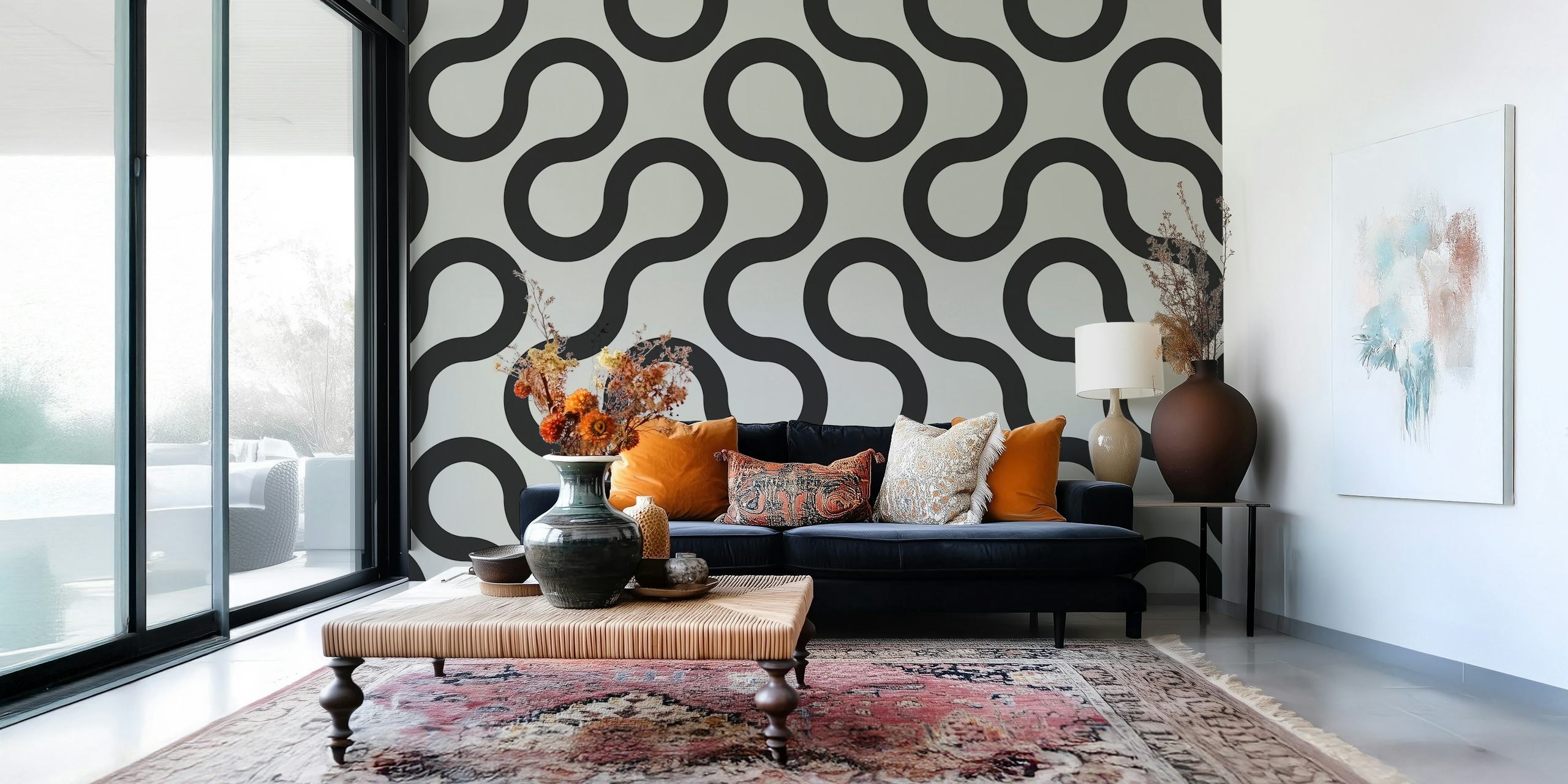 Geometric wallpaper pattern in a room setting