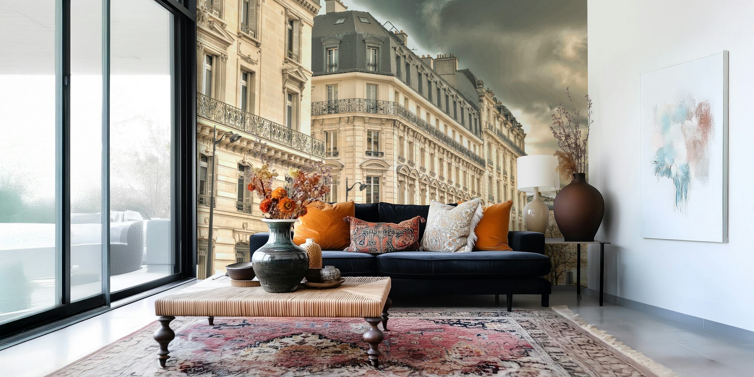 Parisian architectural wallpaper in a room