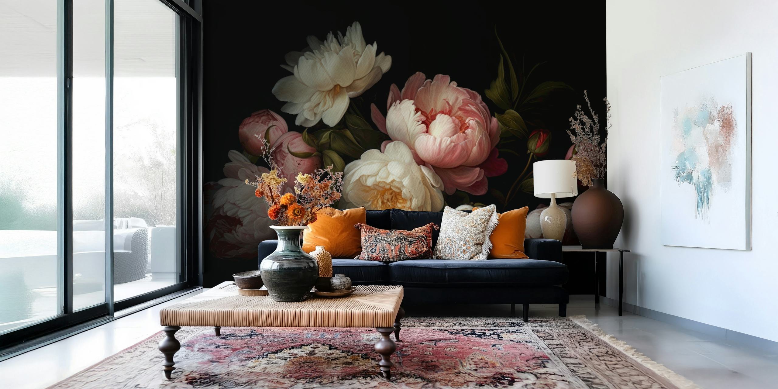 Vintage floral peonies in soft pink and cream hues on a dark background wallpaper