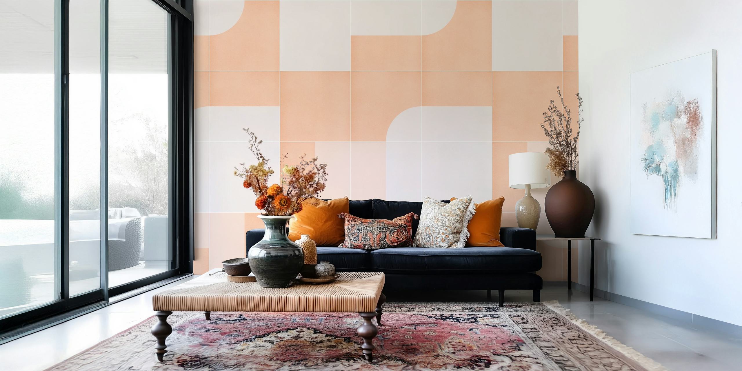 Retro geometric pink and white wallpaper with curved patterns