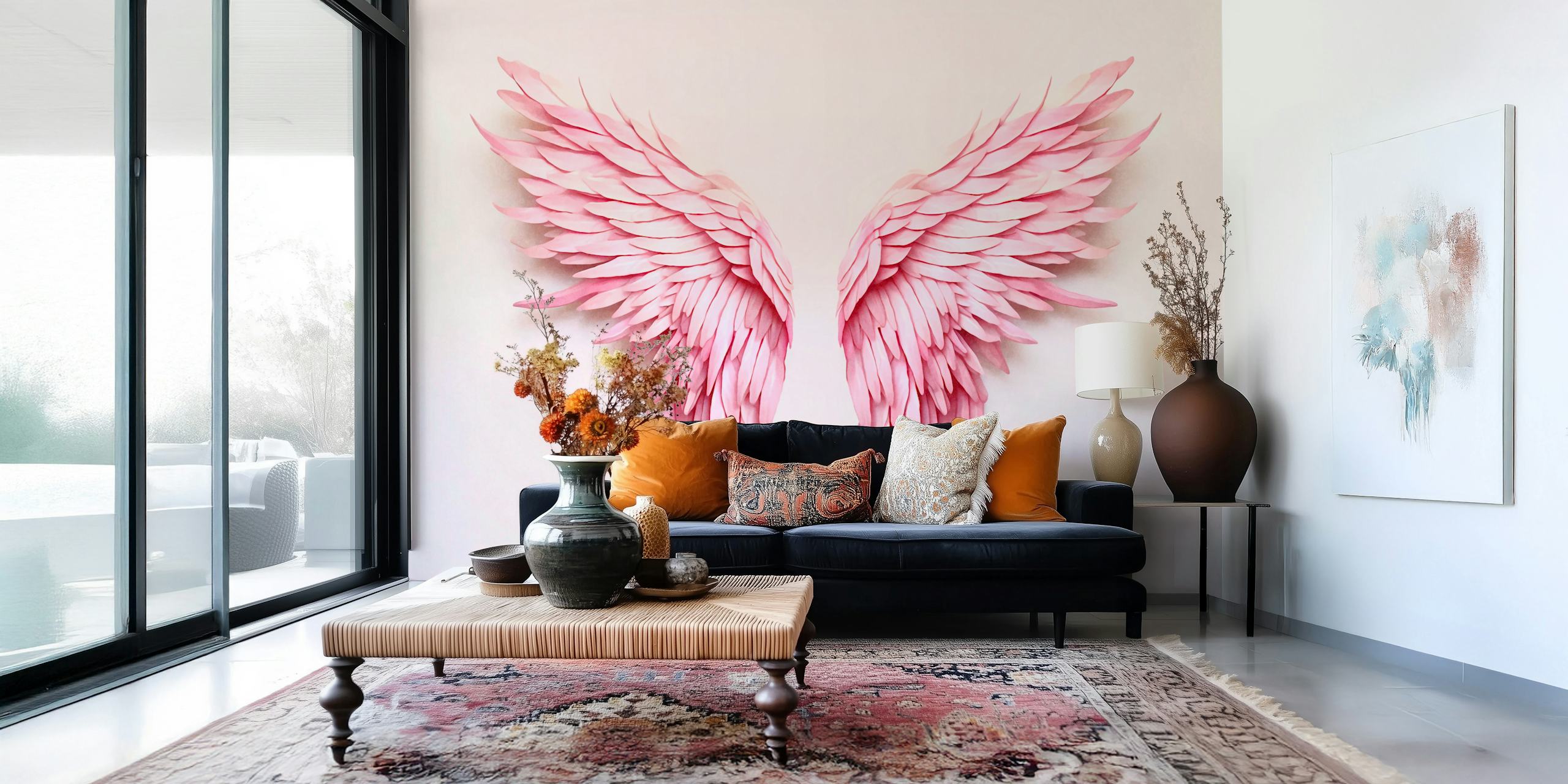 Pink angel wings wallpaper in a room