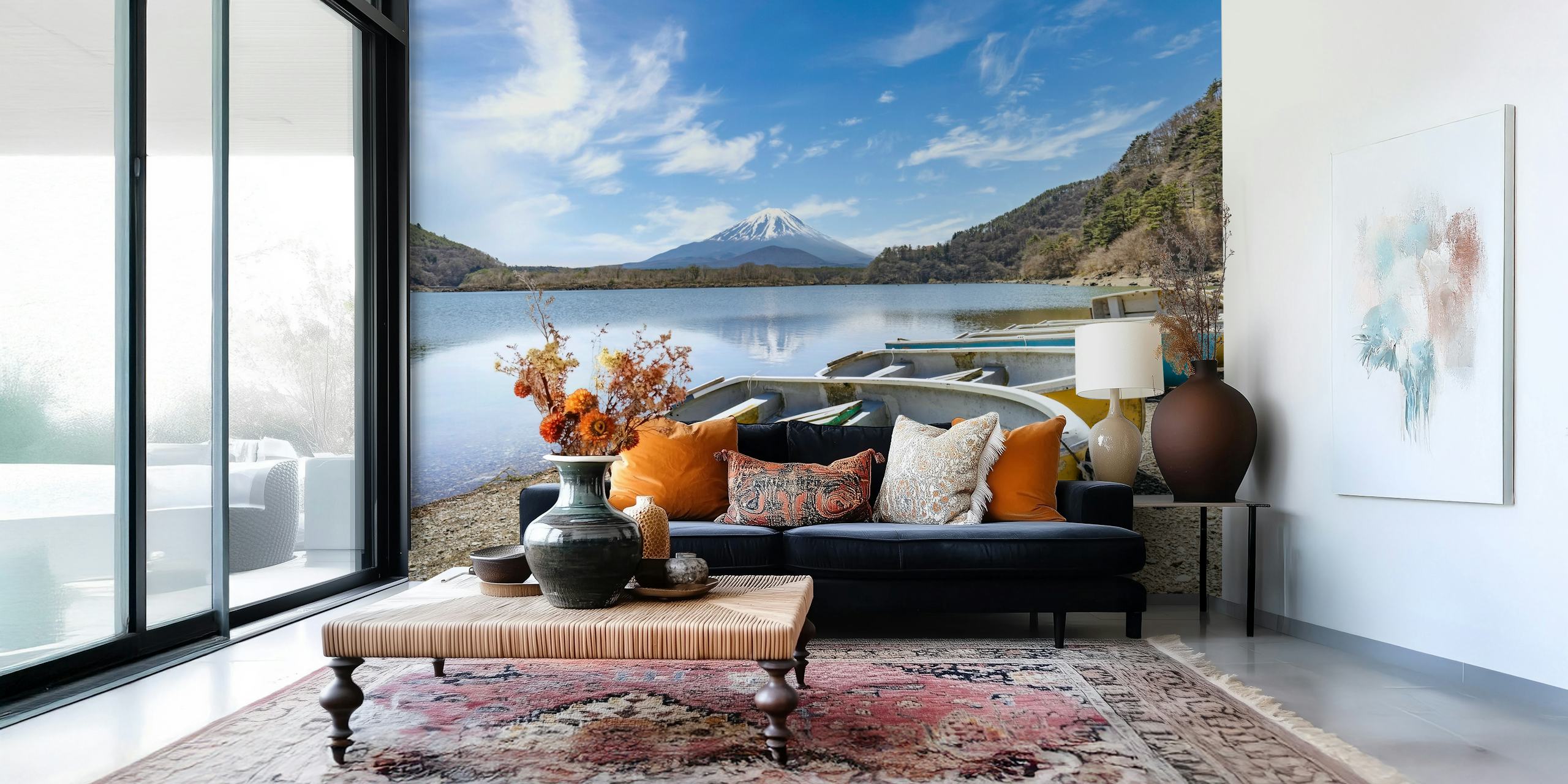 Mountain lake with boats and Mount Fuji in background wallpaper