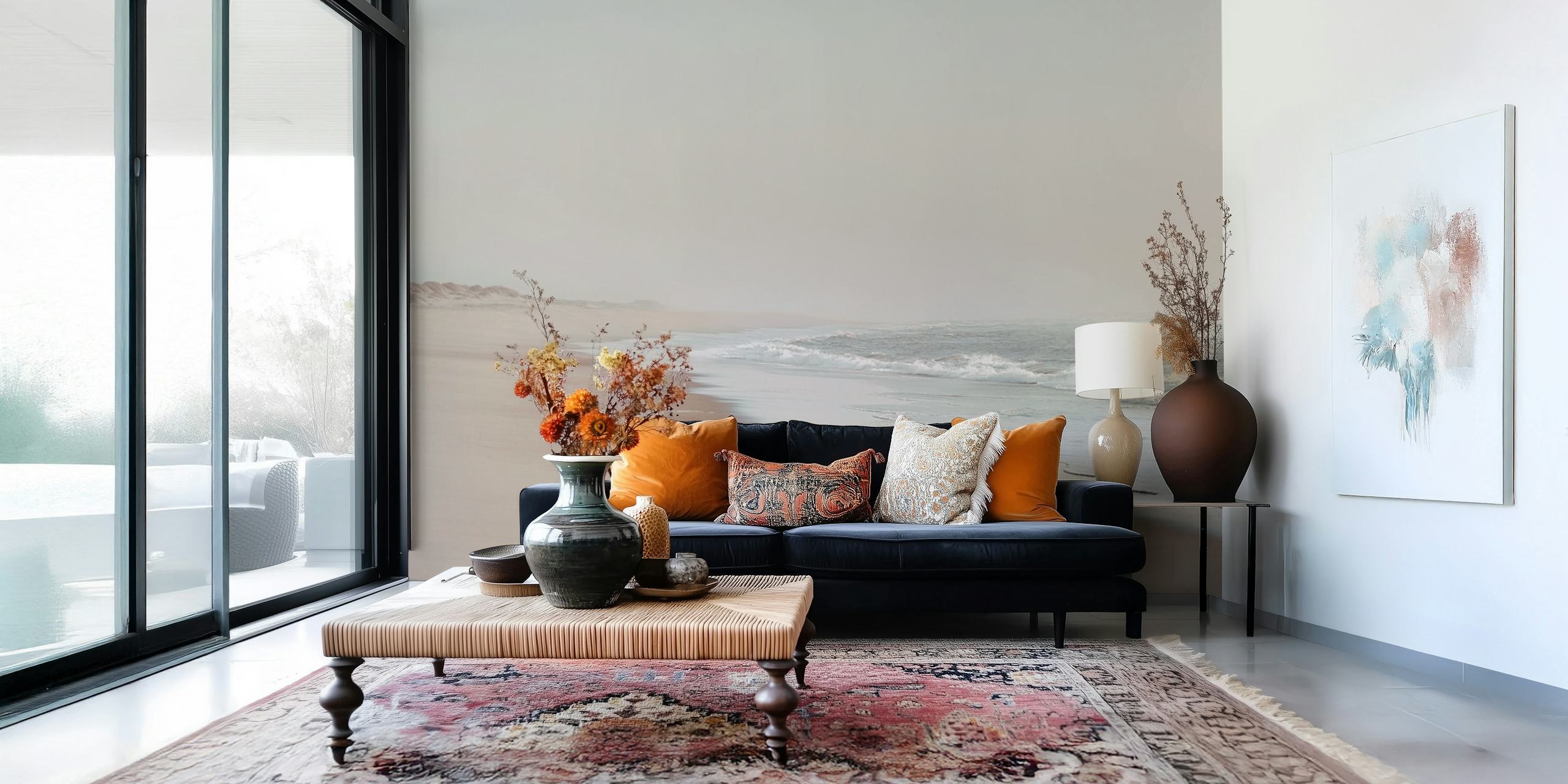 Soft beige sand with gentle waves in the distance coastal wallpaper