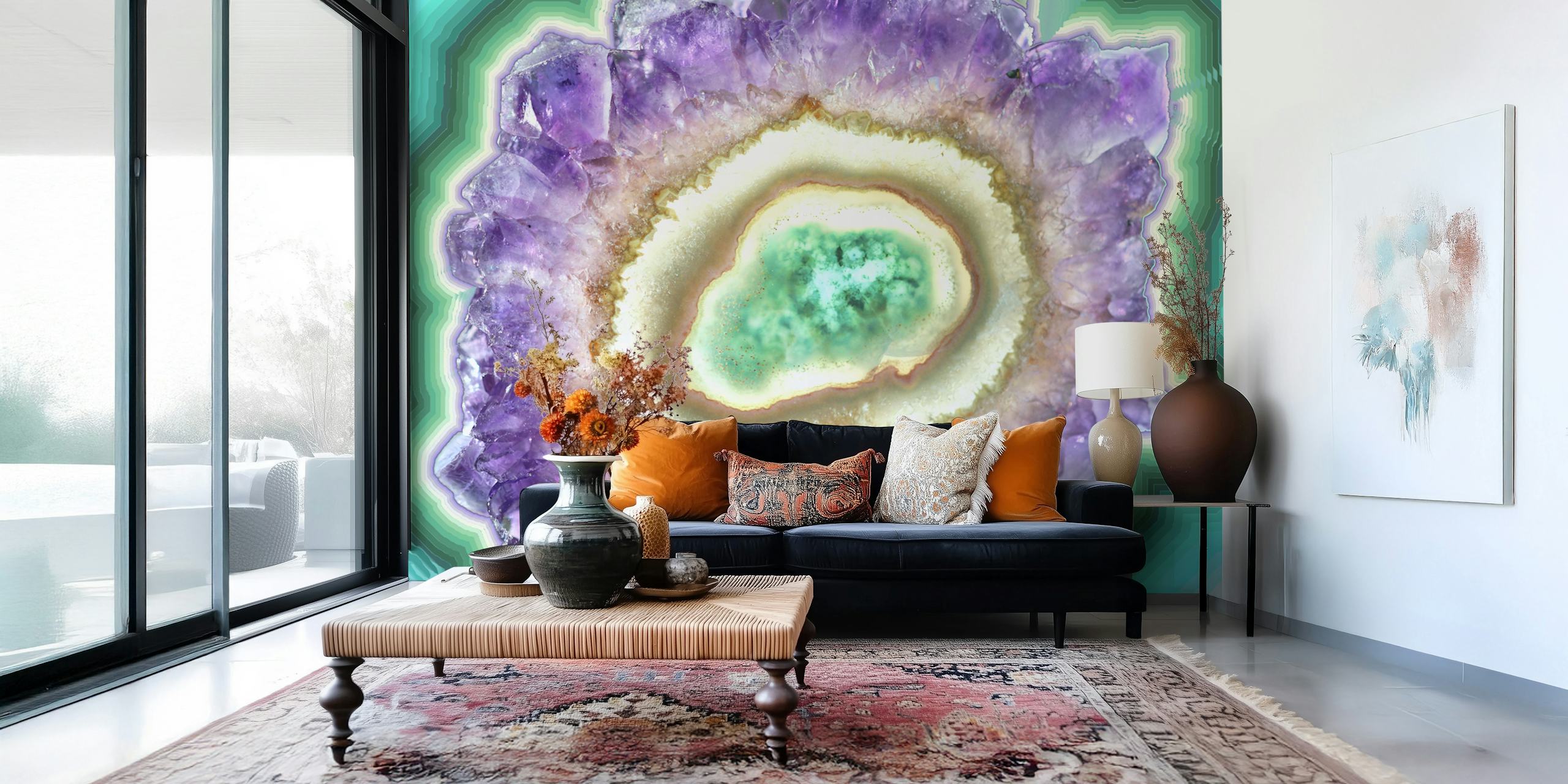 Amethyst geode pattern in purple, green, and white wallpaper