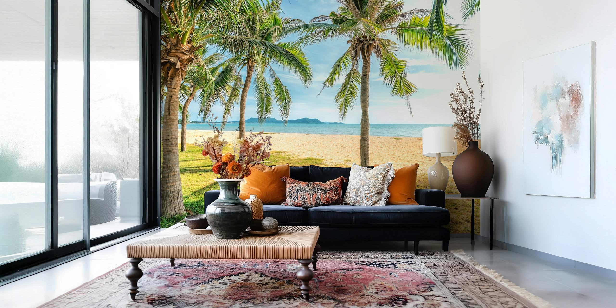 Tropical beach scene with palm trees and blue ocean wallpaper