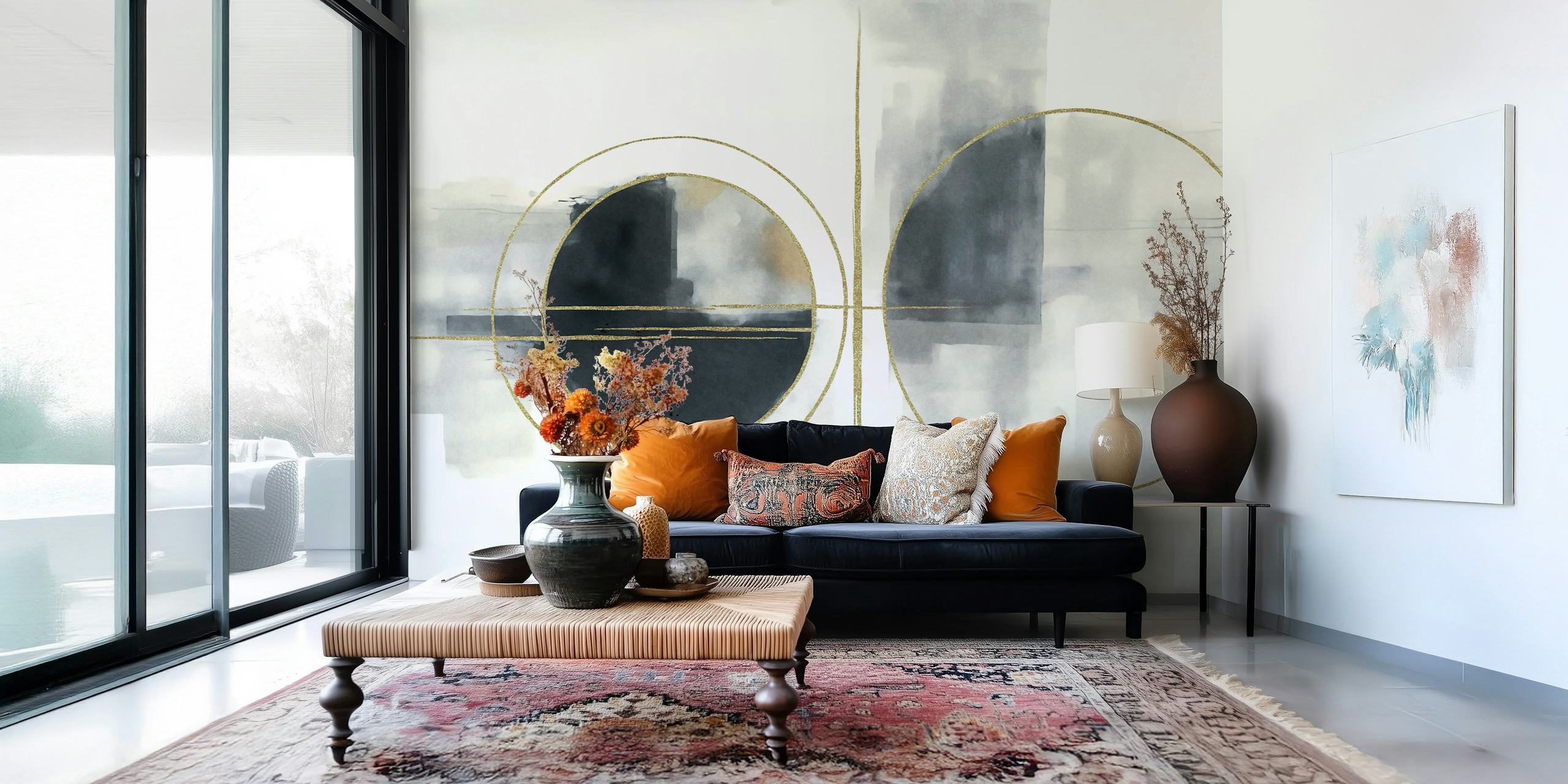 Abstract Circular Gold wallpaper in a room