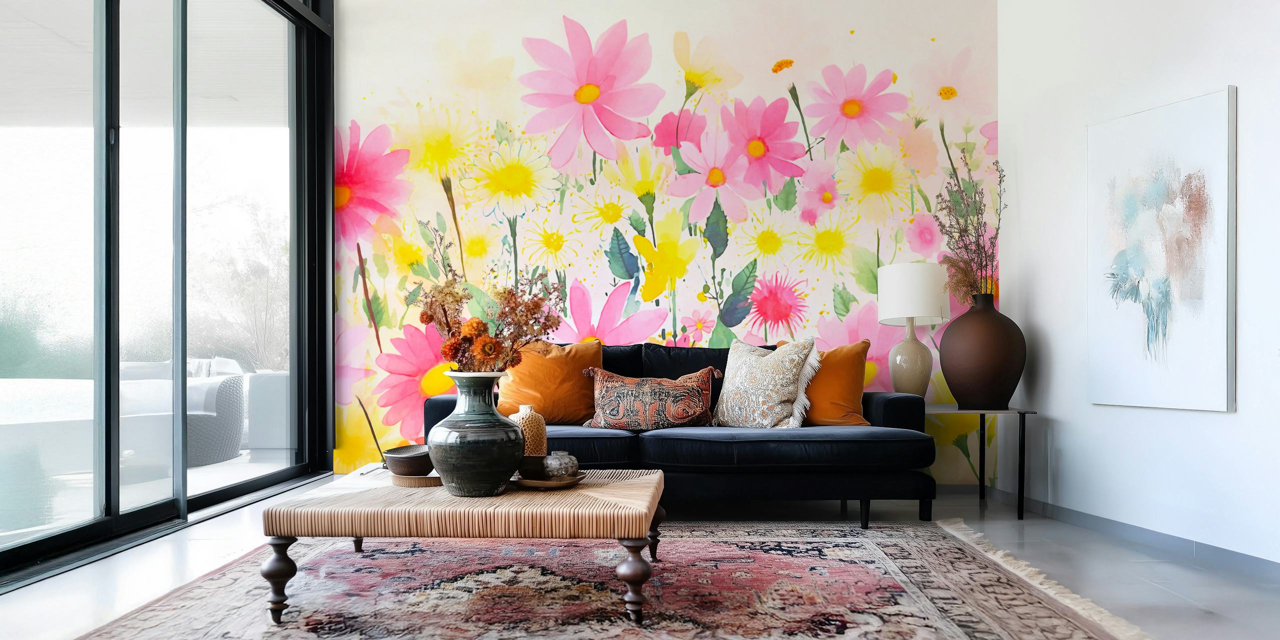 Vibrant pink and yellow flowers with green leaves in a whimsical floral pattern wallpaper