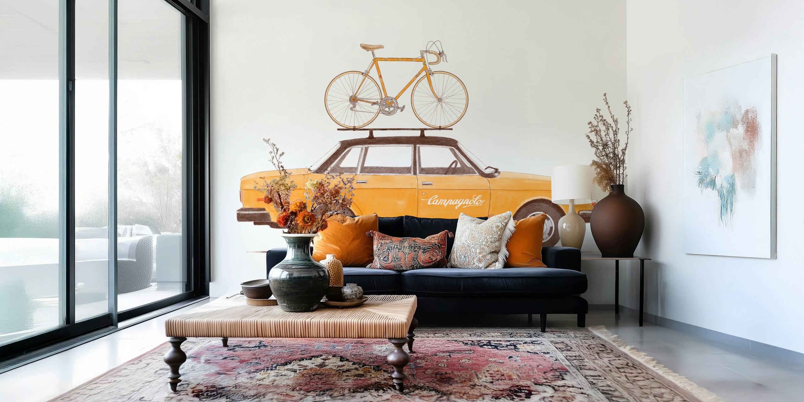 Vintage car with bike on roof wallpaper