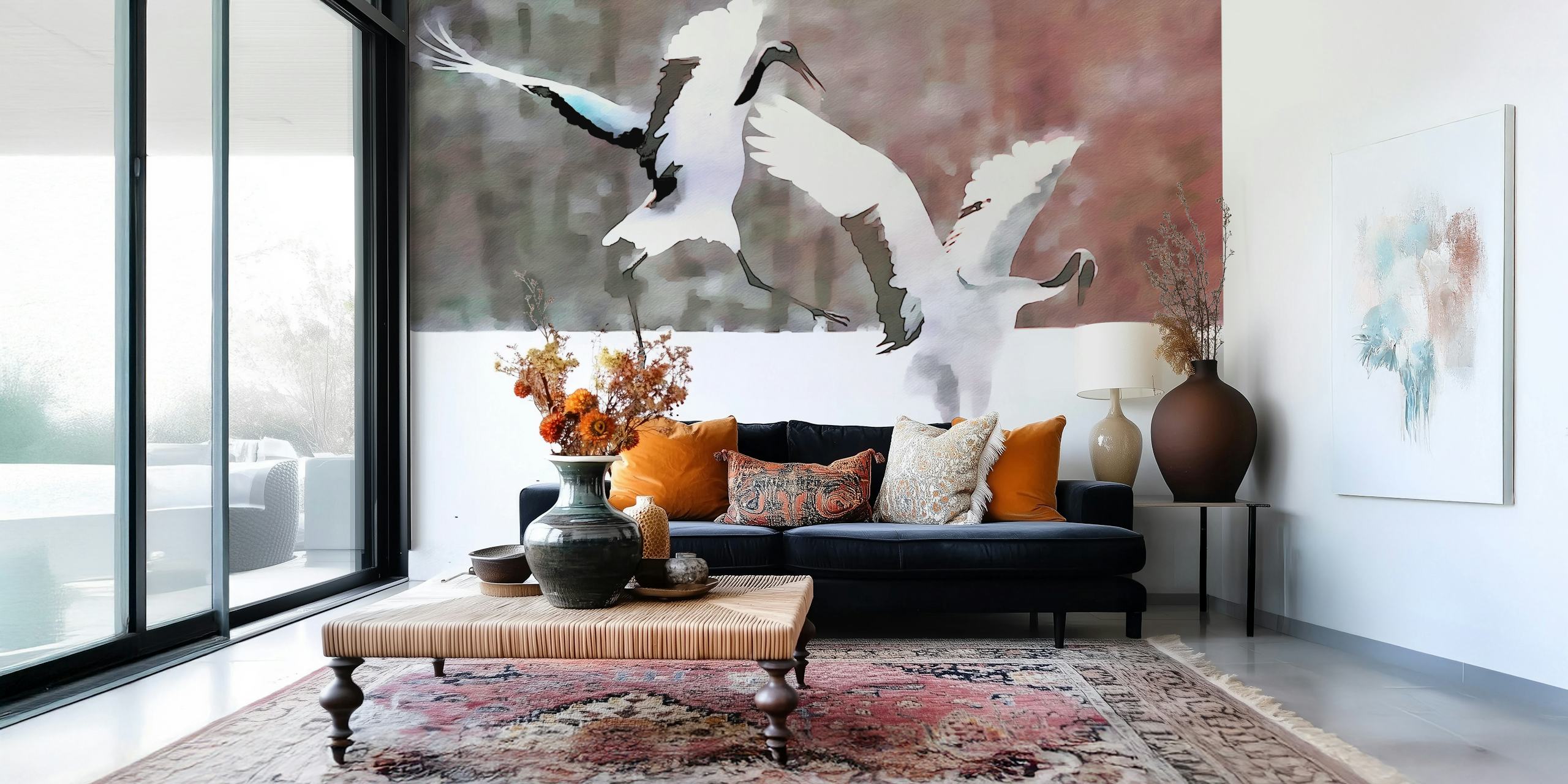 Two white cranes in watercolor style, soft pastel colors, nature themed wallpaper