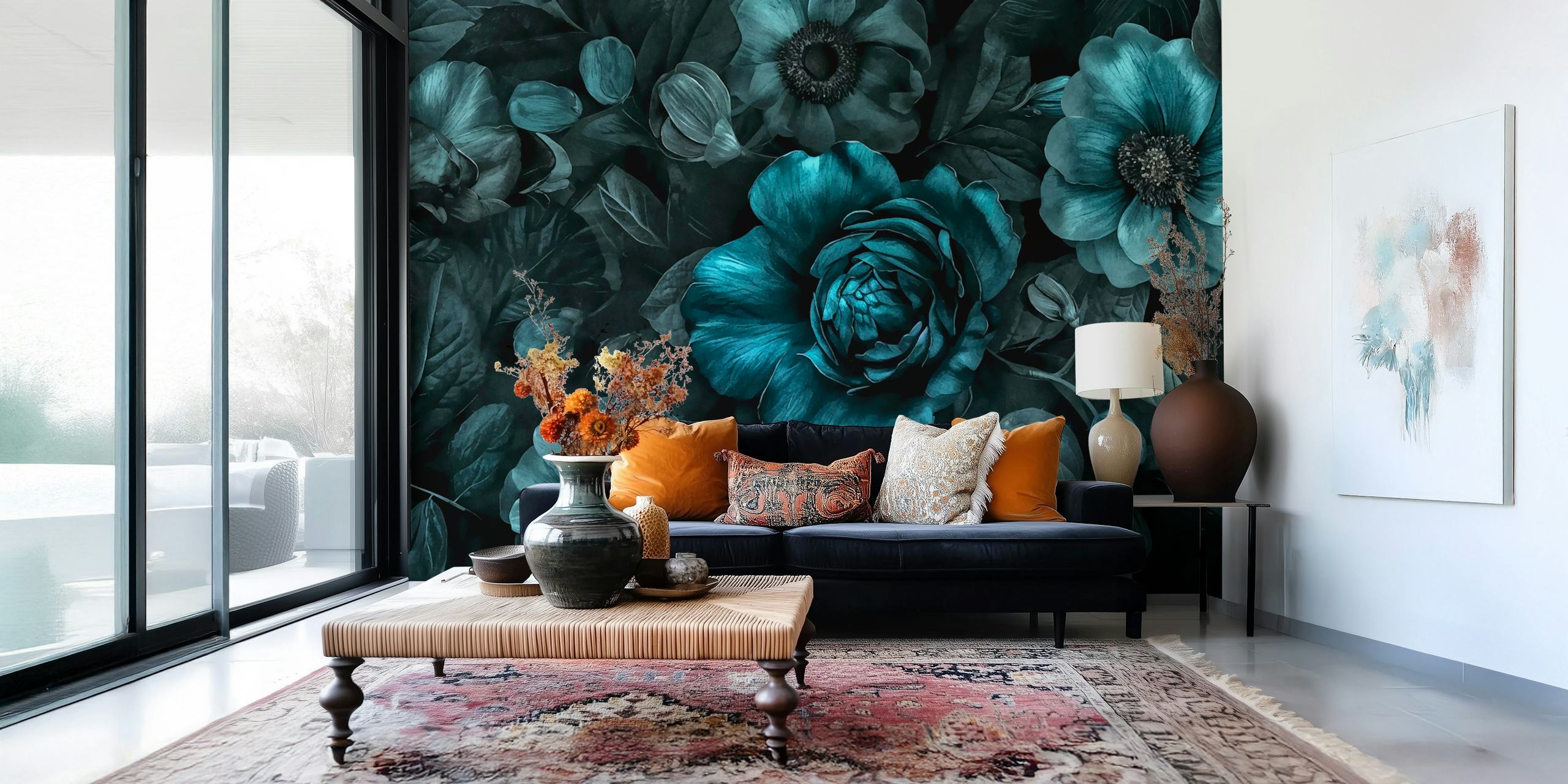 Dark floral wallpaper with teal flowers