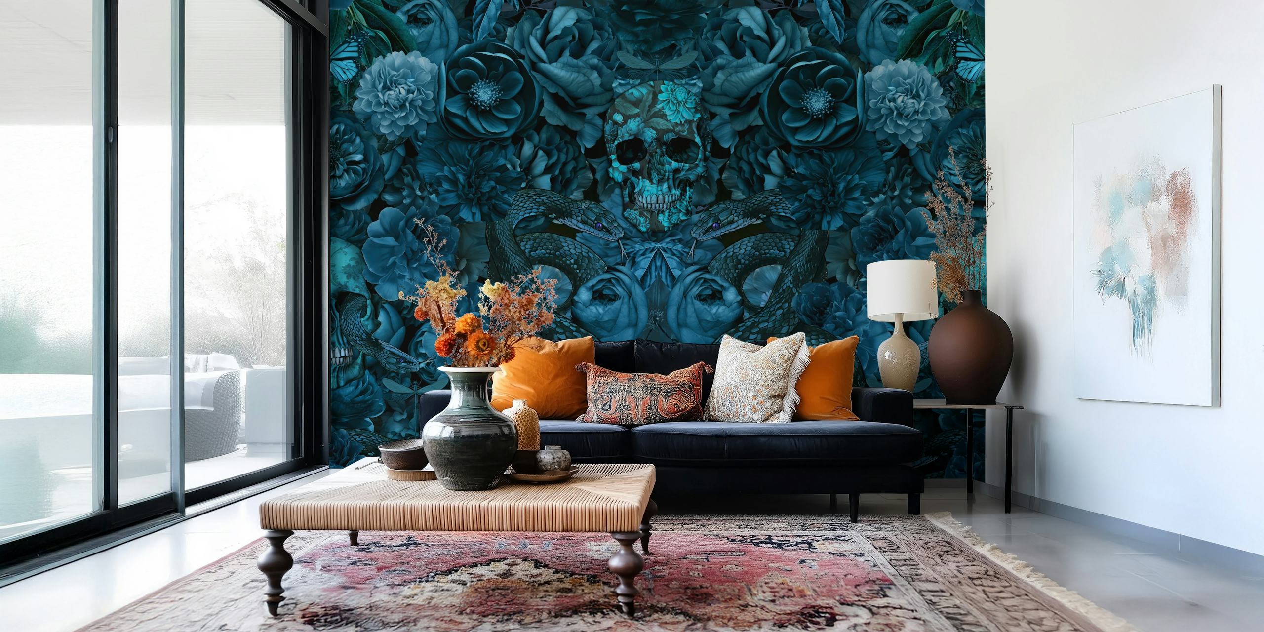 Baroque Flower Skull Snake Opulence en una habitación