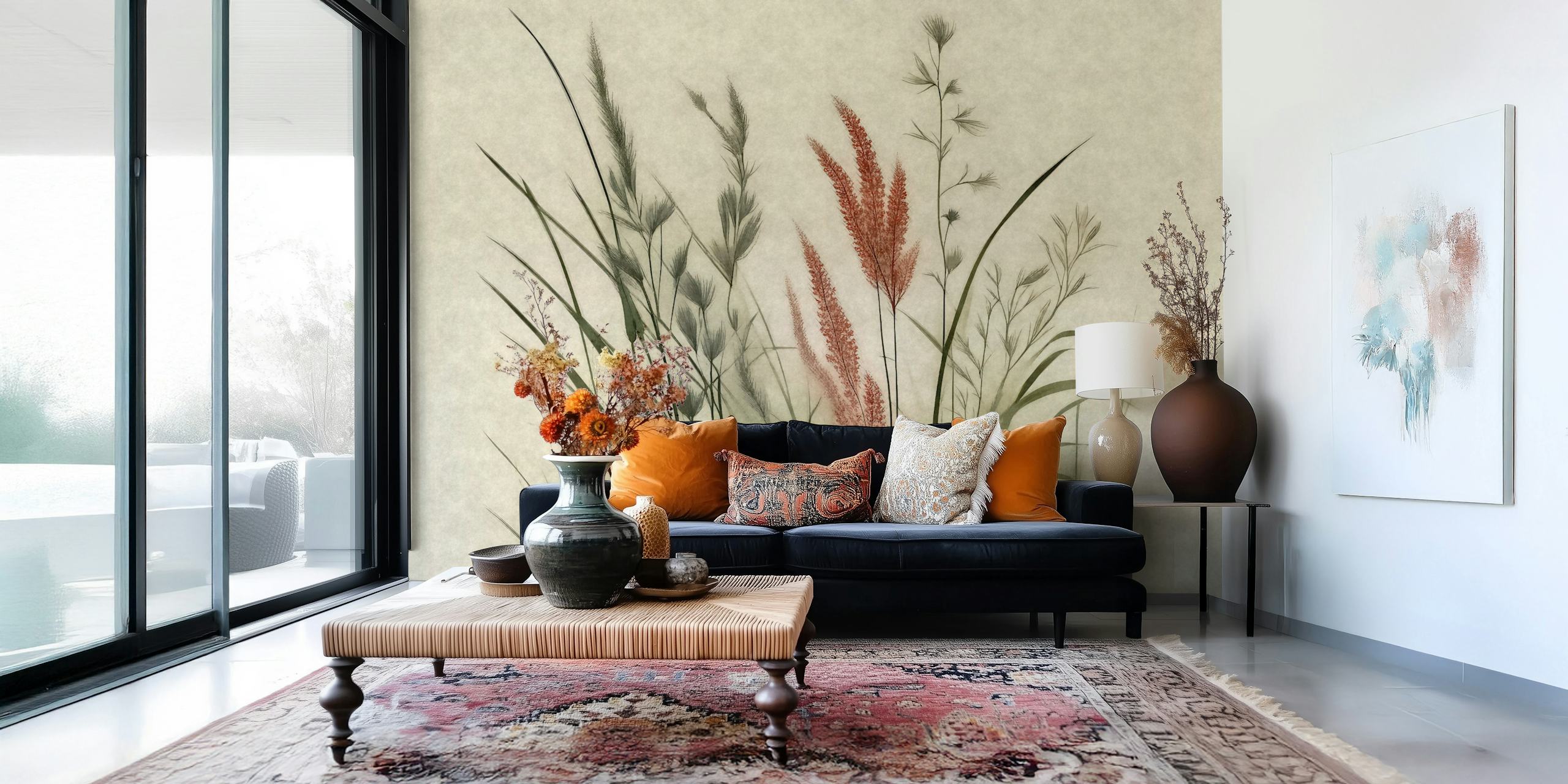 Scandinavian grass meadow wallpaper in a room