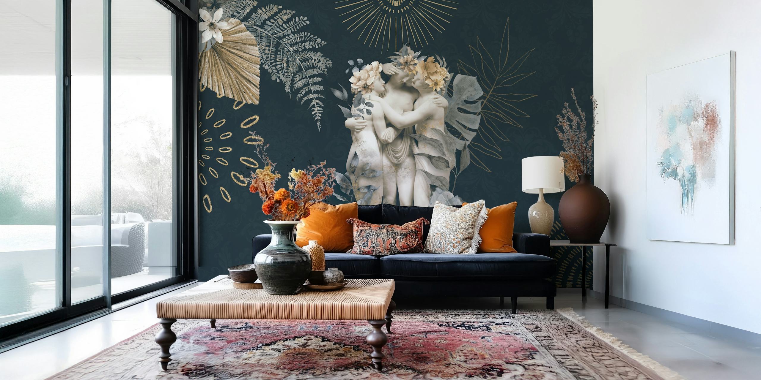 Floral wallpaper featuring figures in a room