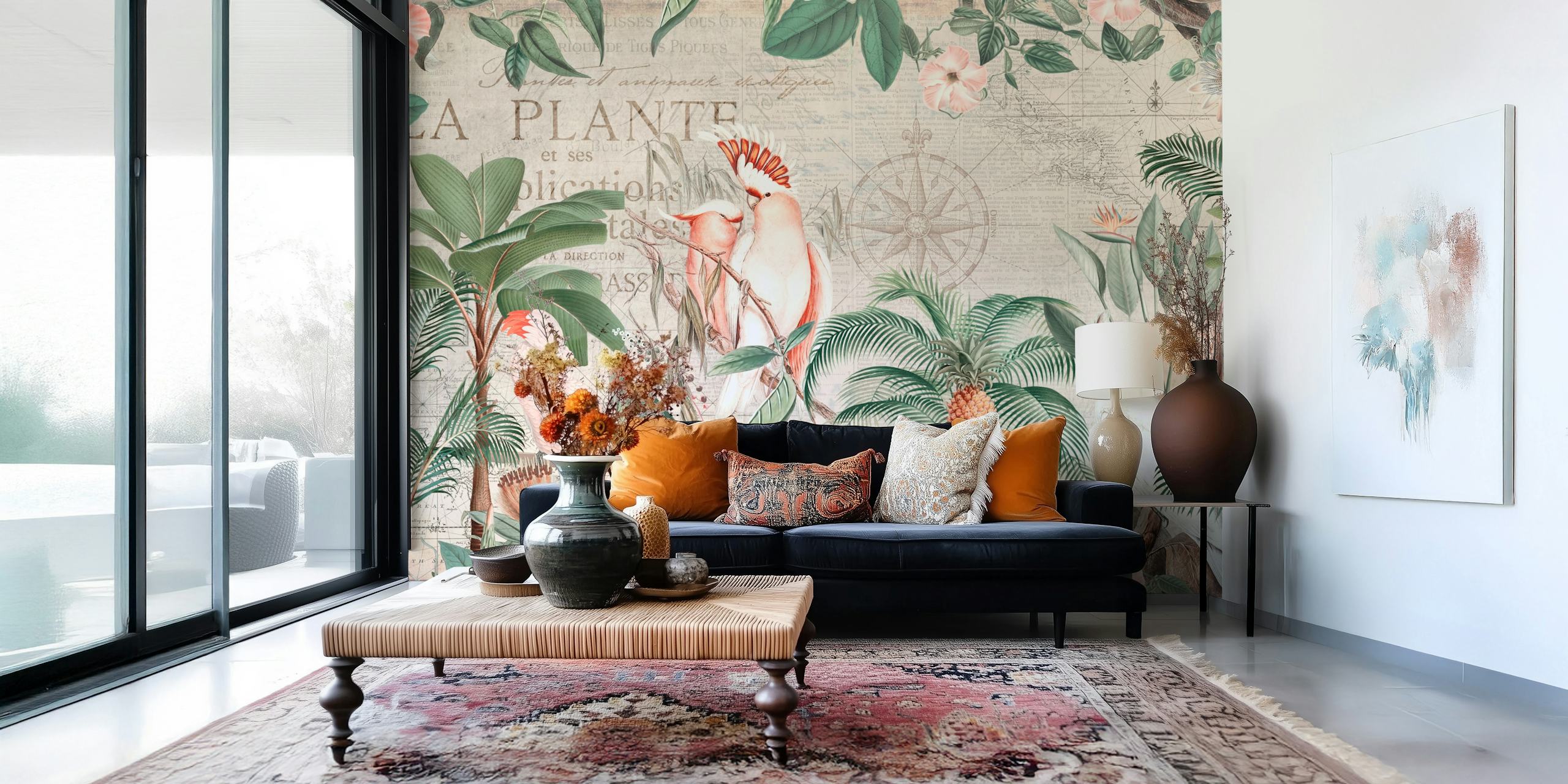 Tropical cockatoos and flowers in green foliage wallpaper