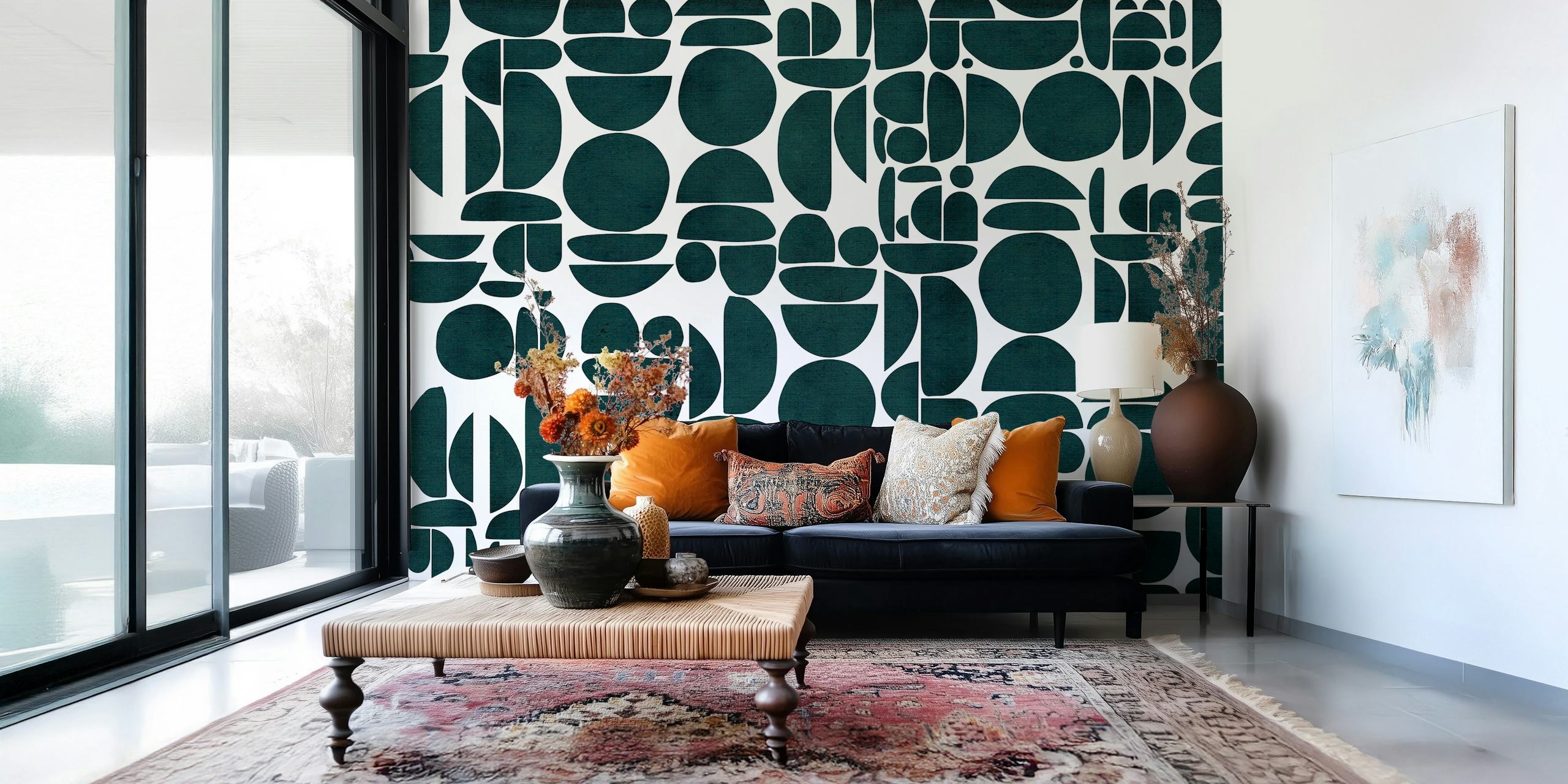 Bauhaus Teal Canvas Texture Cutout Geo wallpaper in a room