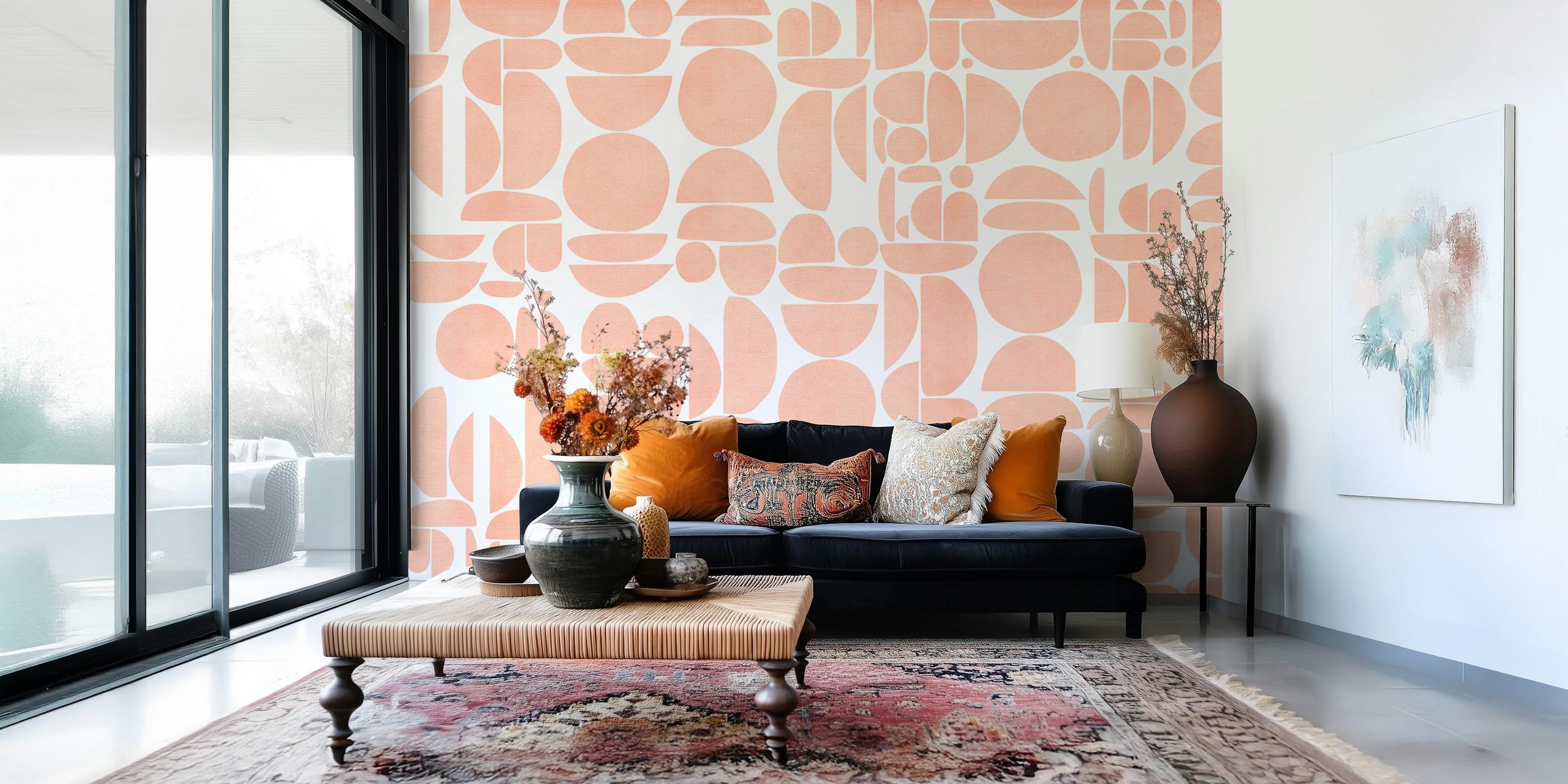 Peach fabric texture cutout geometry wallpaper in a room