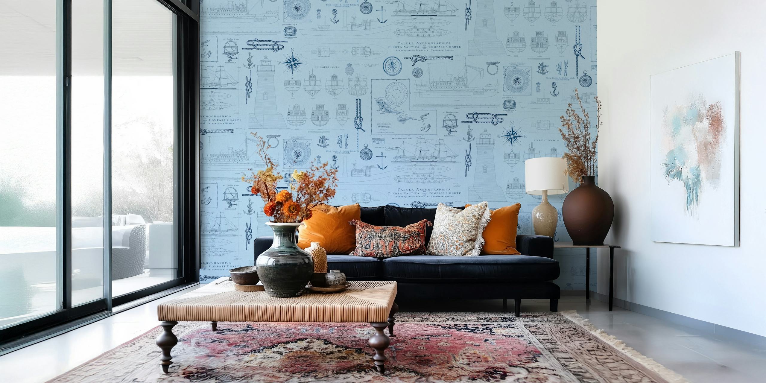 Vintage nautical-themed wall mural with ships and compass designs