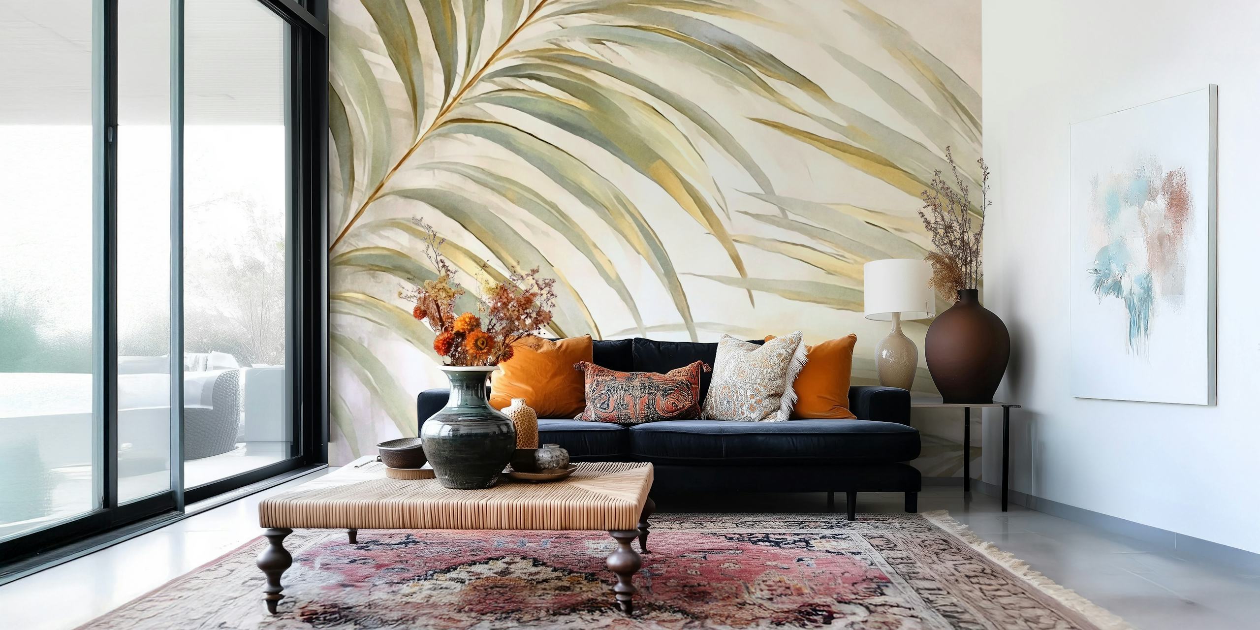 Tropical palm fronds in green and beige tones botanical wallpaper