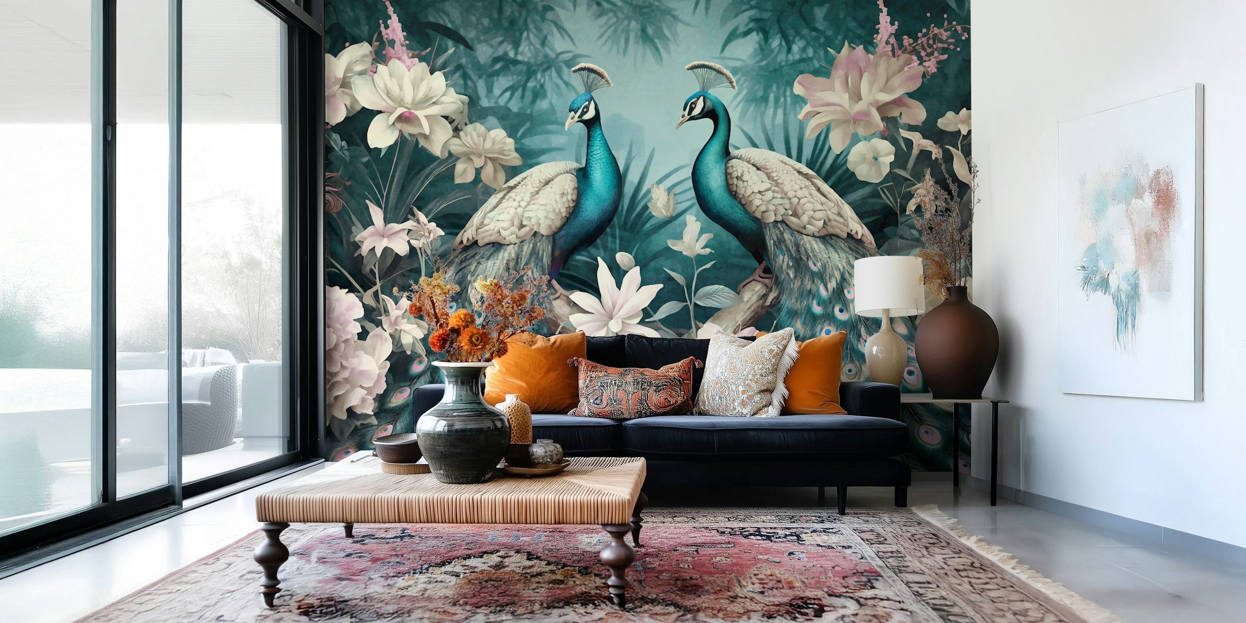 Peacocks among flowers in soft pastel colors wallpaper