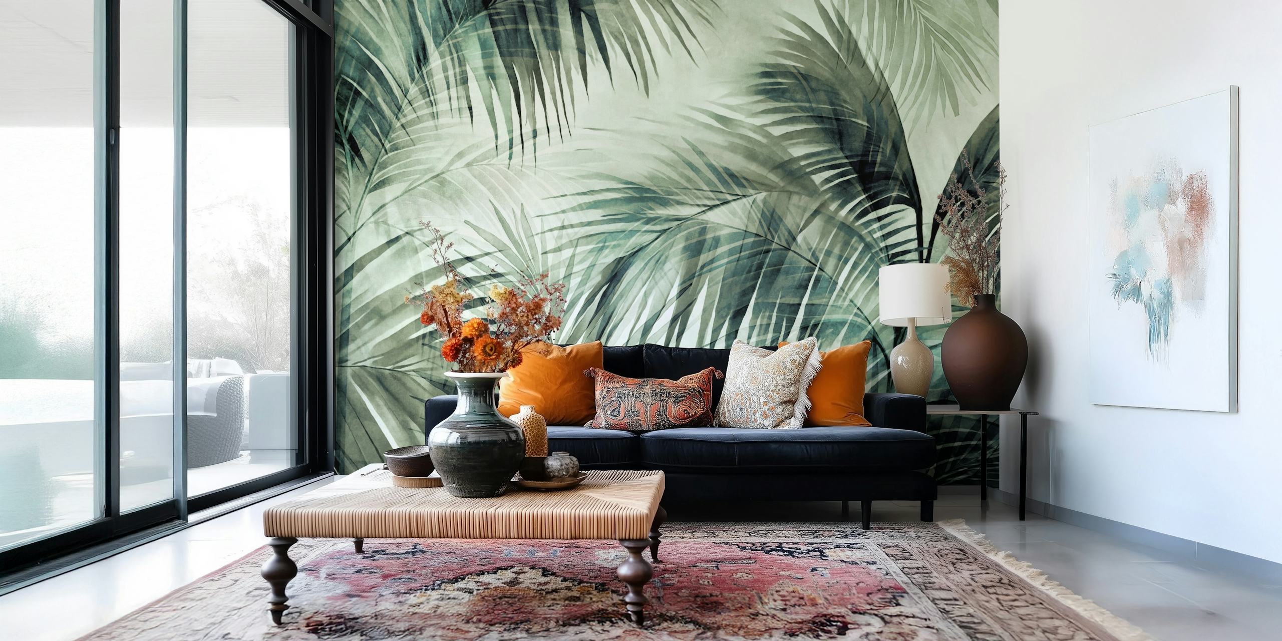 Tropical Palm Jungle Green wallpaper in a room