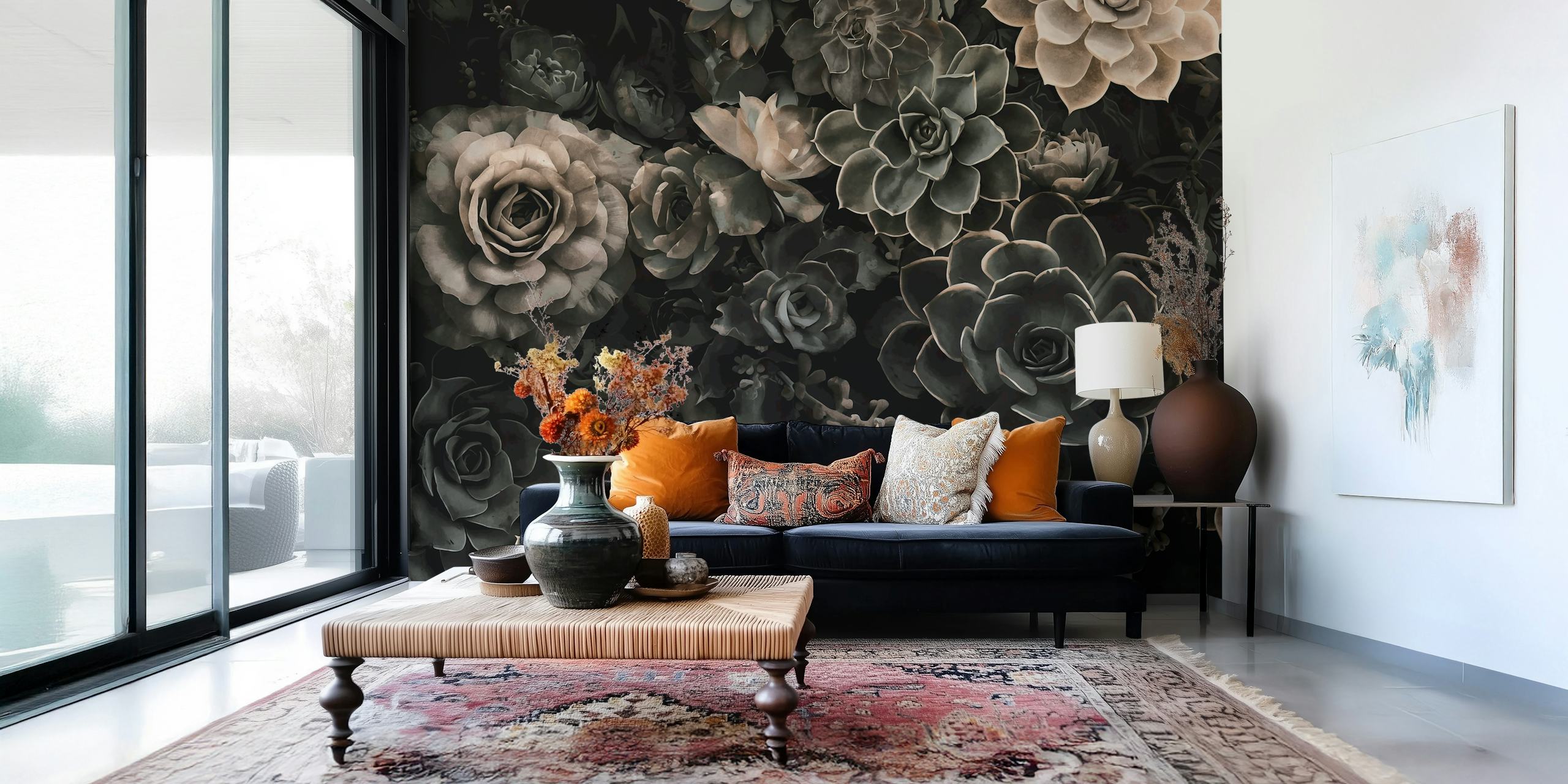 Moody floral and succulent wall mural in grey tones