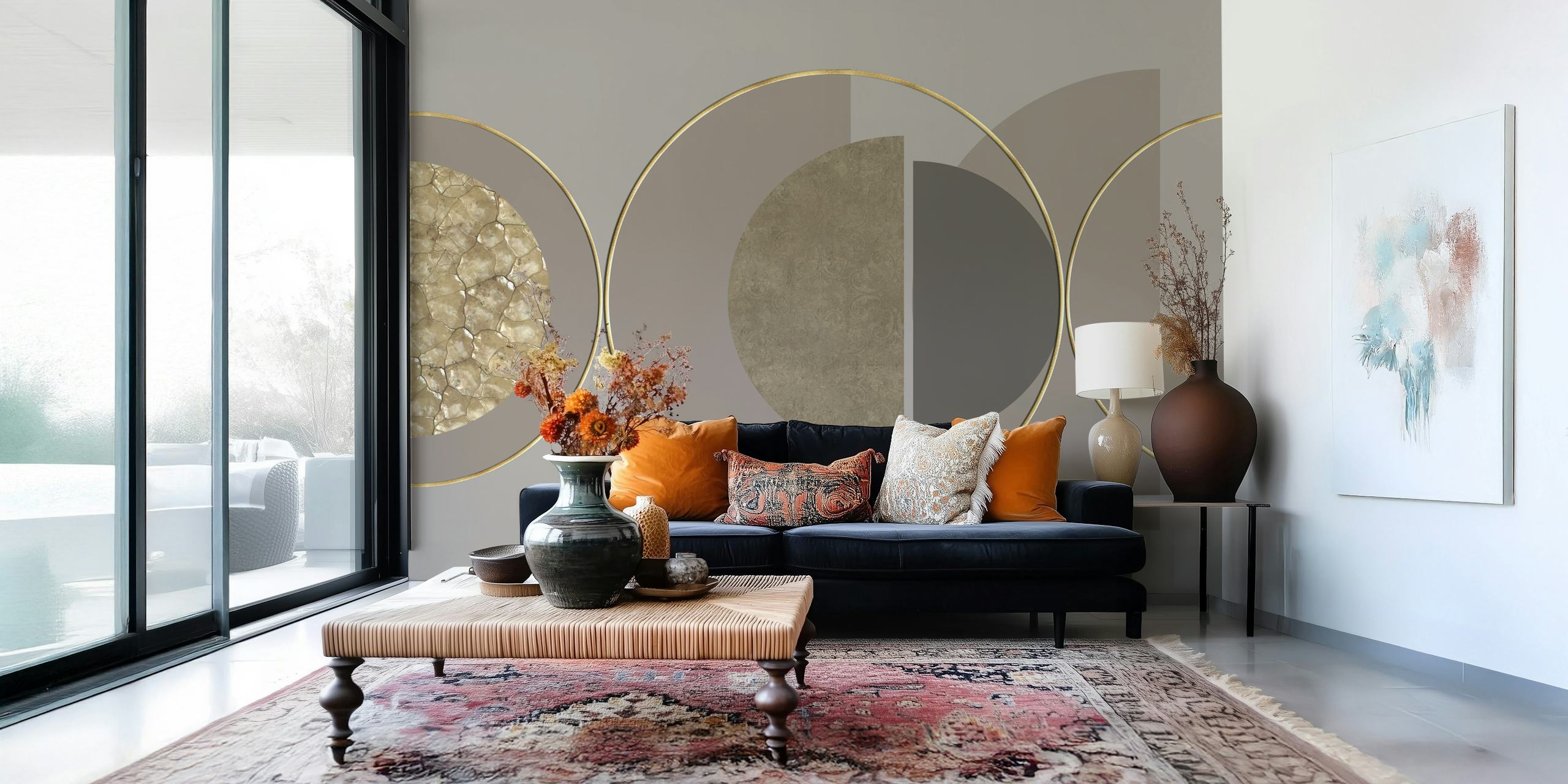 Mid century modern geometric wallpaper in earthy tones, including brown, gray, and gold accents.