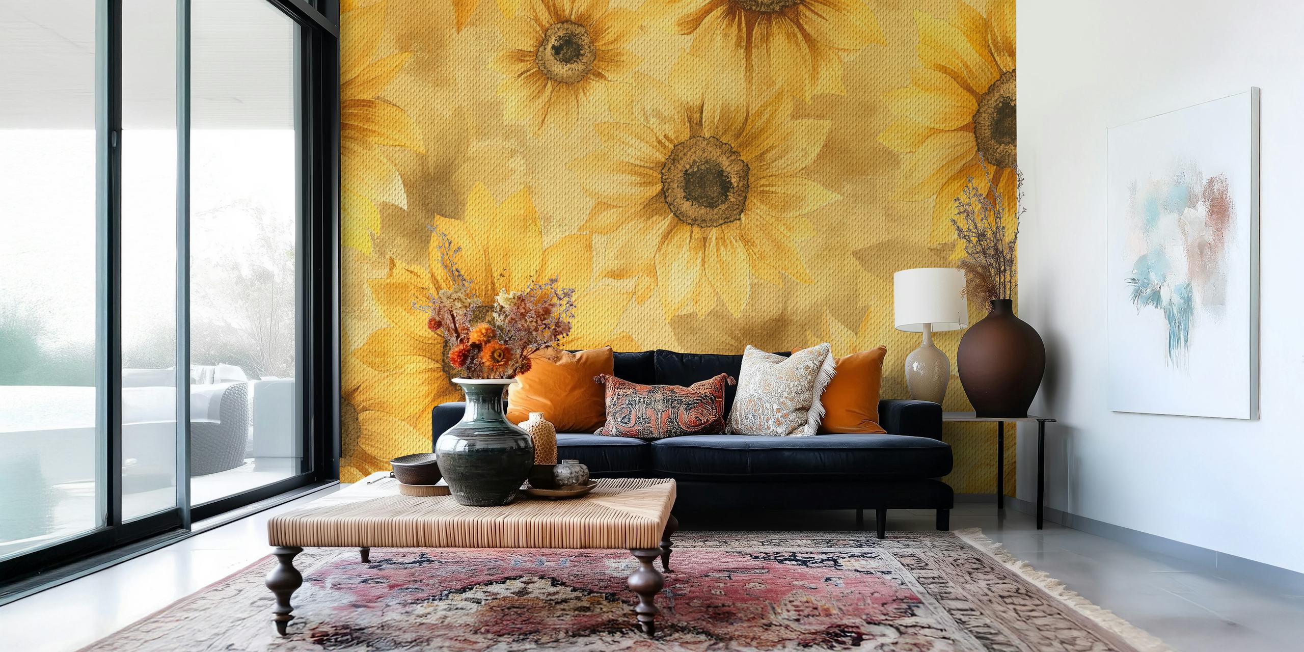 yellow sunflower floral wallpaper with watercolor style