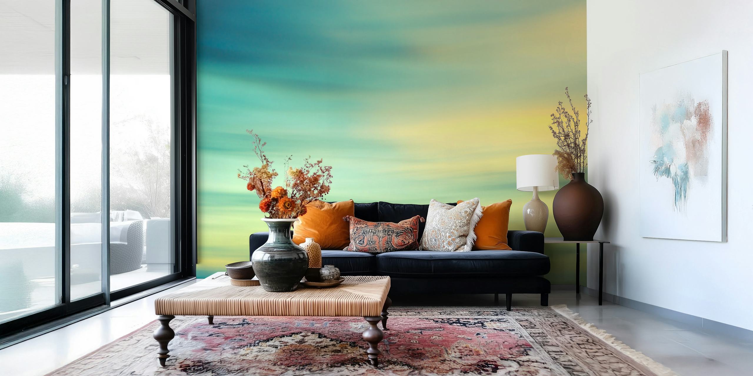 Blurred abstract design with turquoise and yellow hues wallpaper