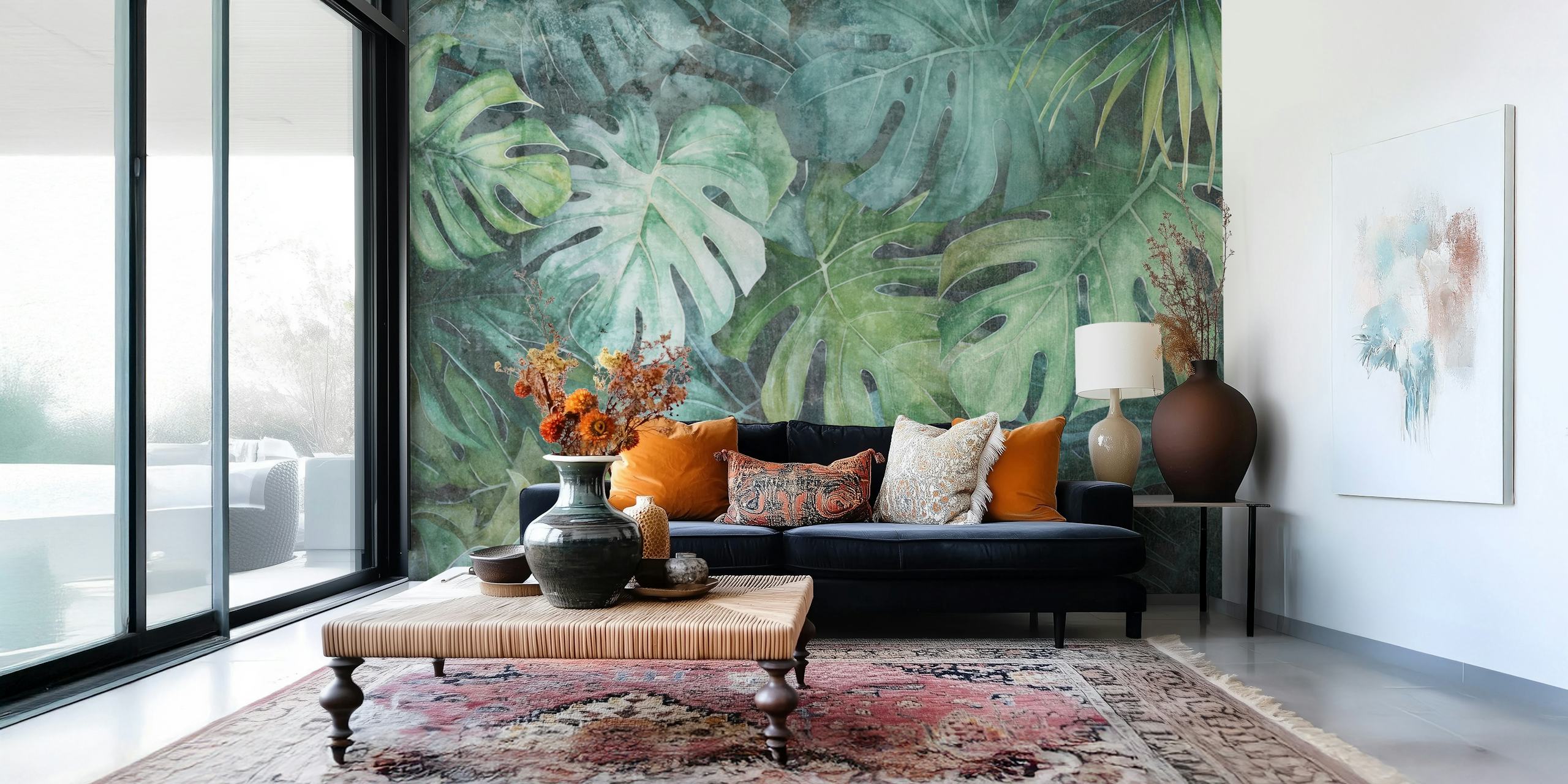 Watercolor-painted tropical jungle foliage wall mural with vivid green leaves