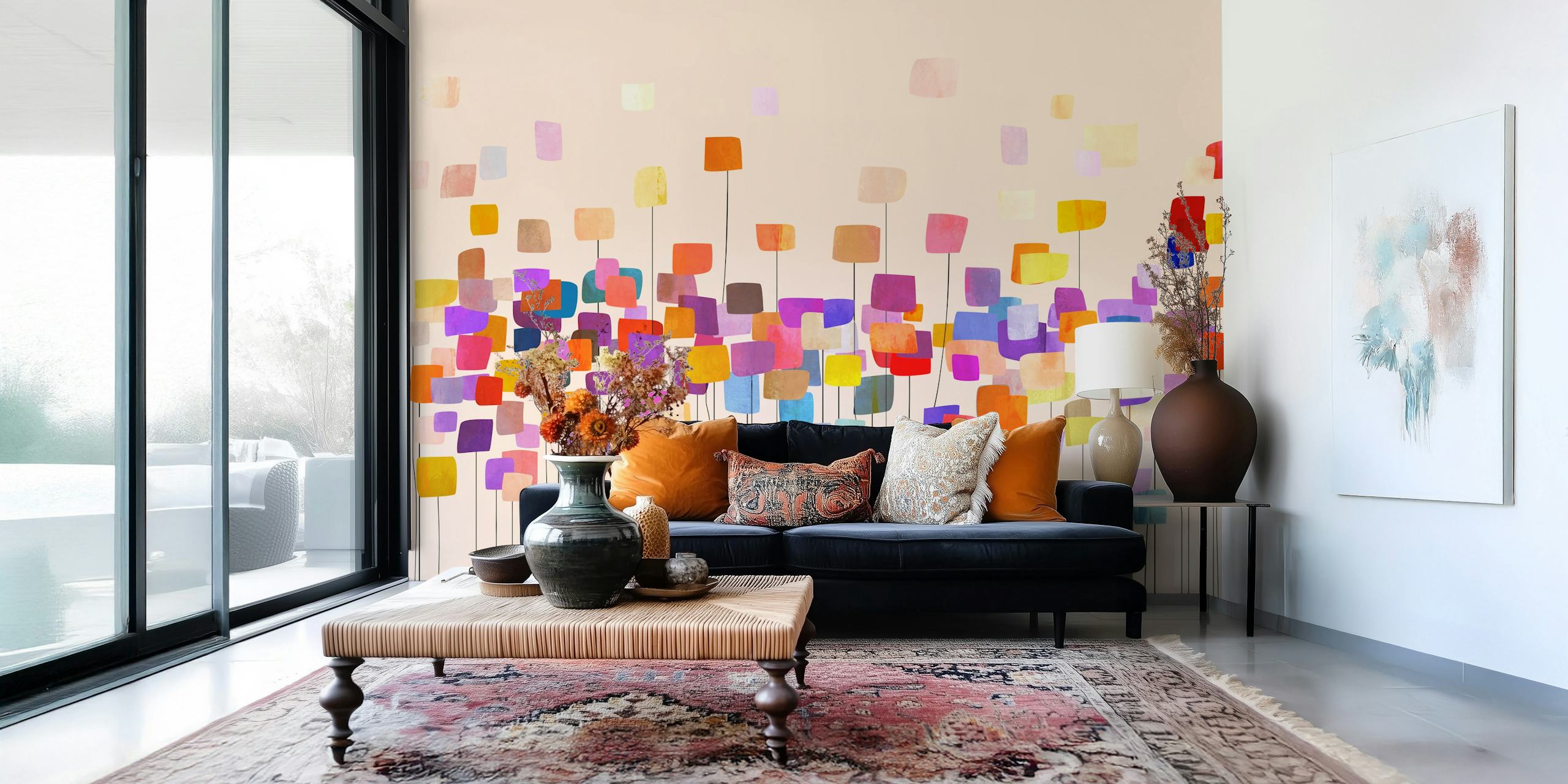 Colorful flowery garden wallpaper in a room