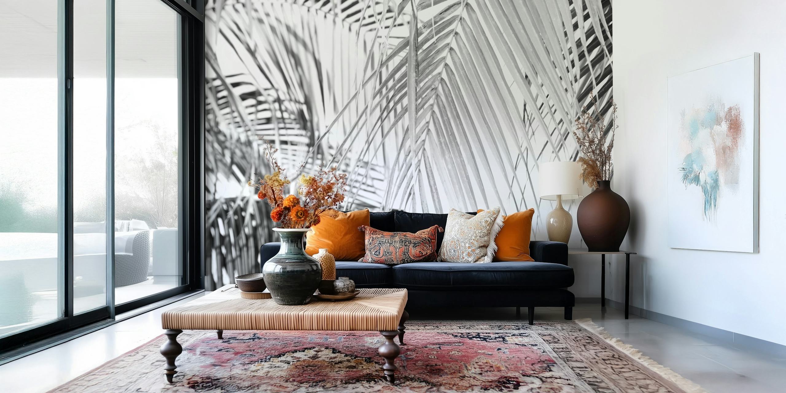 Tropical palm wallpaper in a modern room