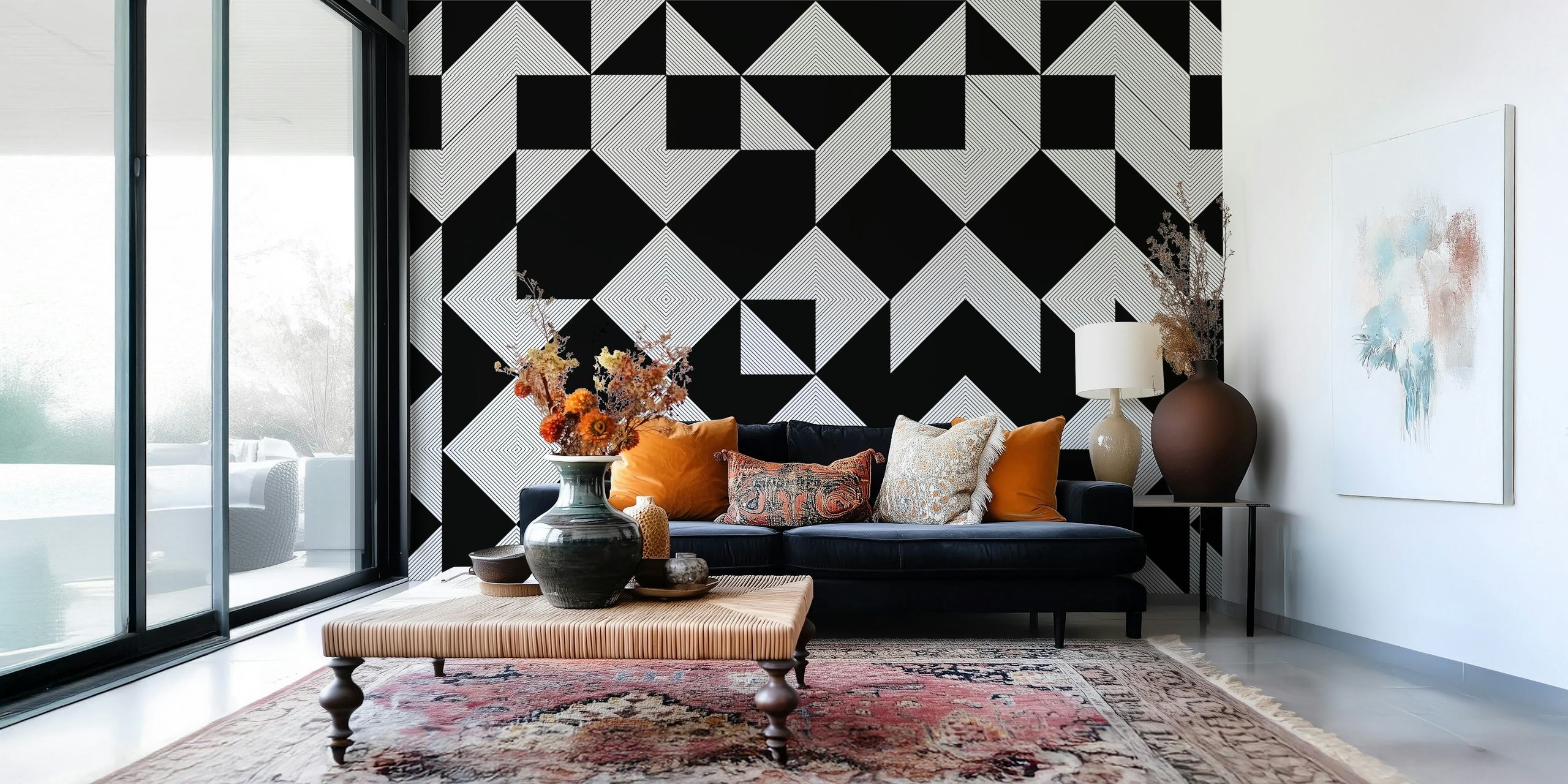 Papel tapiz geométrico en blanco y negro en una habitación