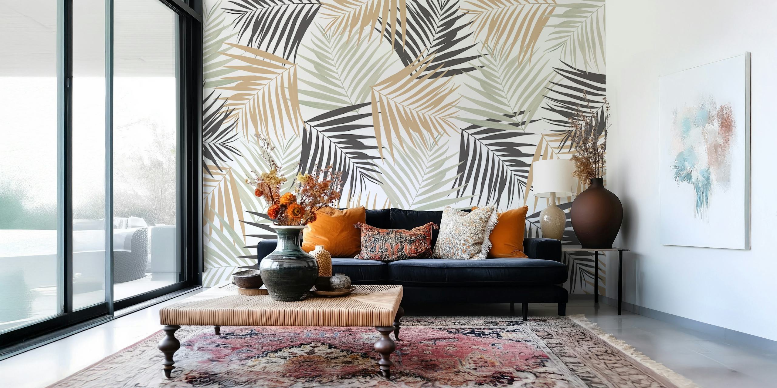 Tropical leaf pattern in beige, green, and black wallpaper