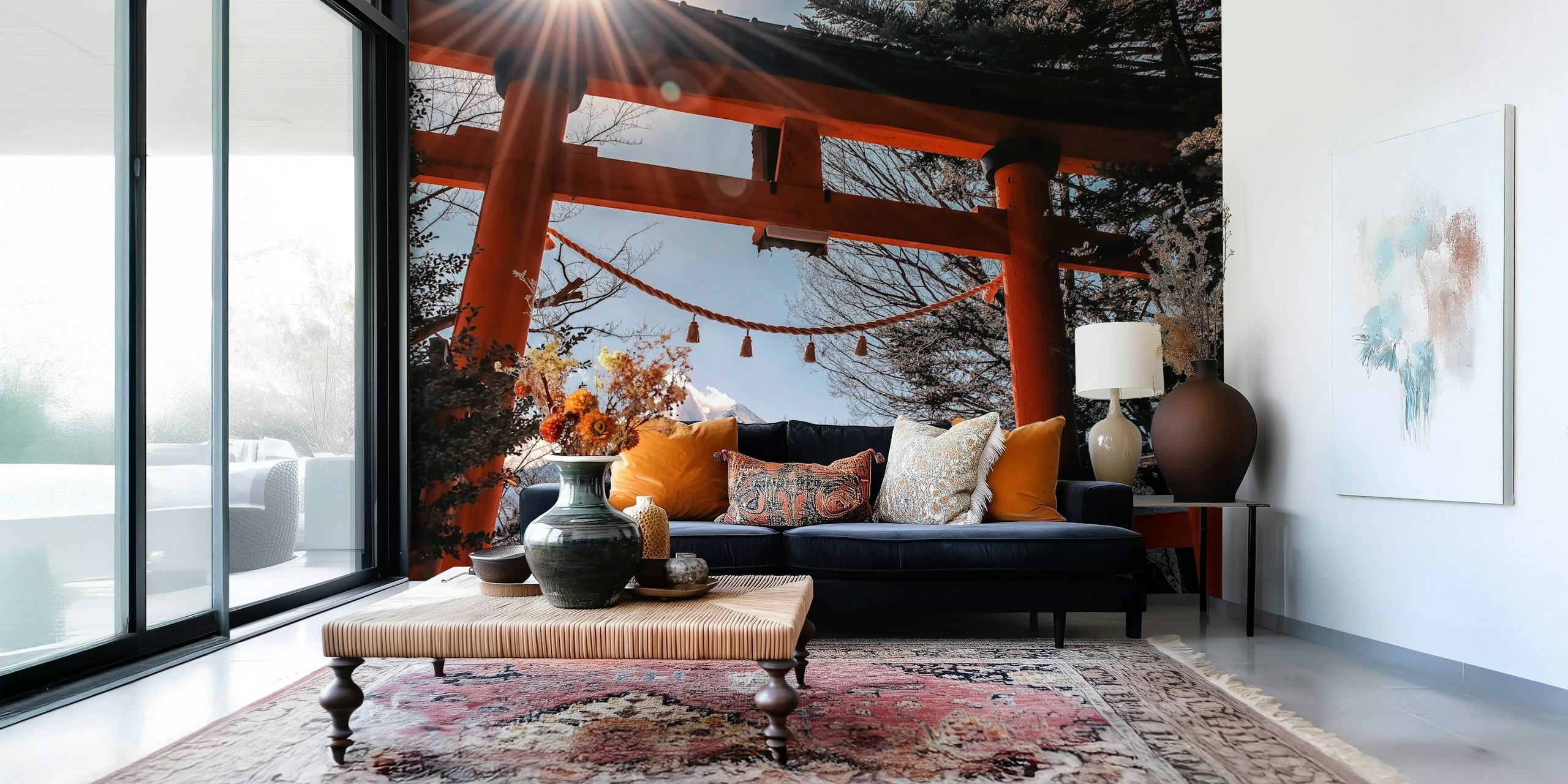 Mural de parede Chureito Pagoda com o Monte Fuji ao fundo emoldurado por um portão torii e árvores nevadas