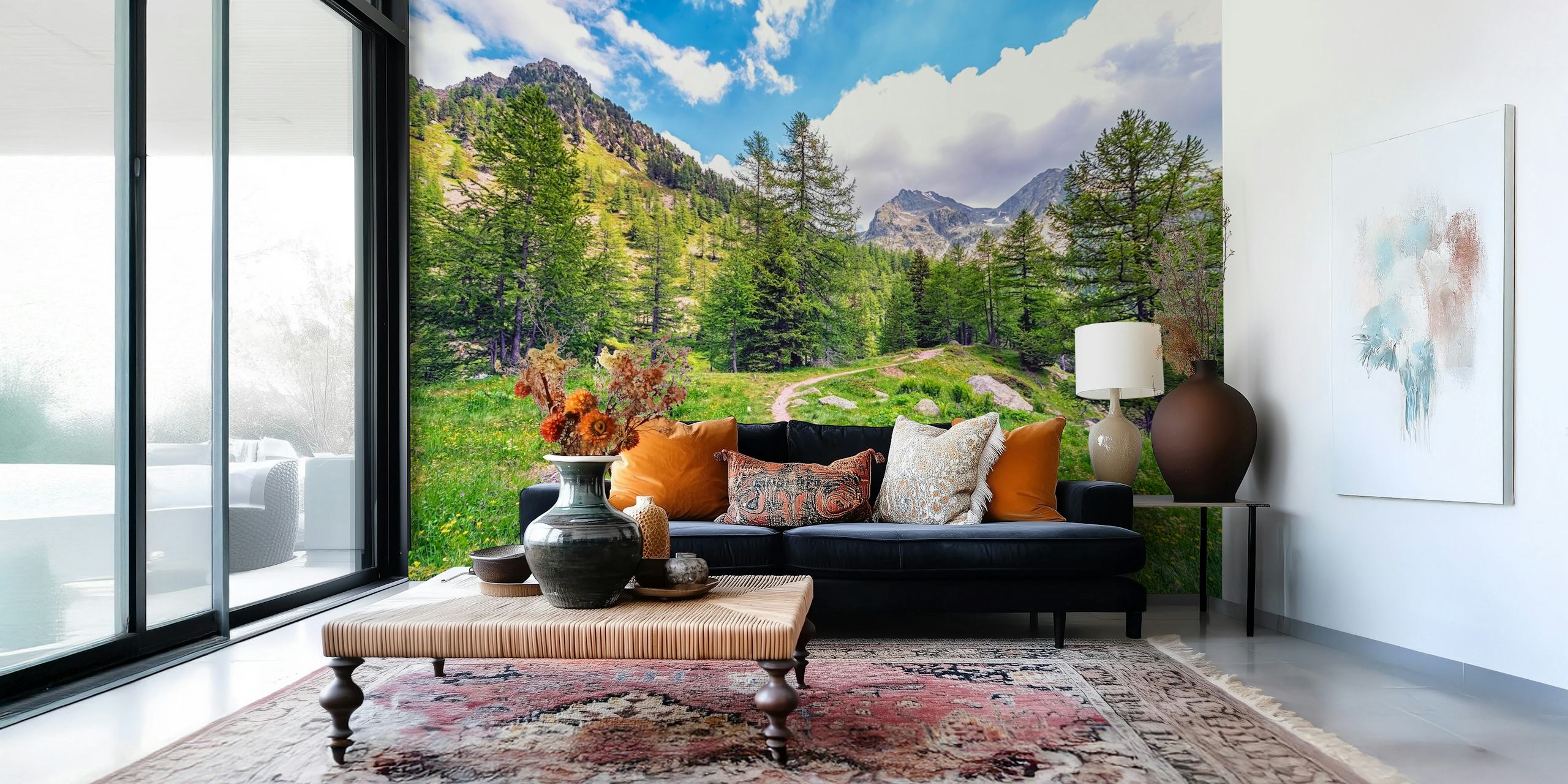 Mountain landscape with green trees and blue sky wallpaper