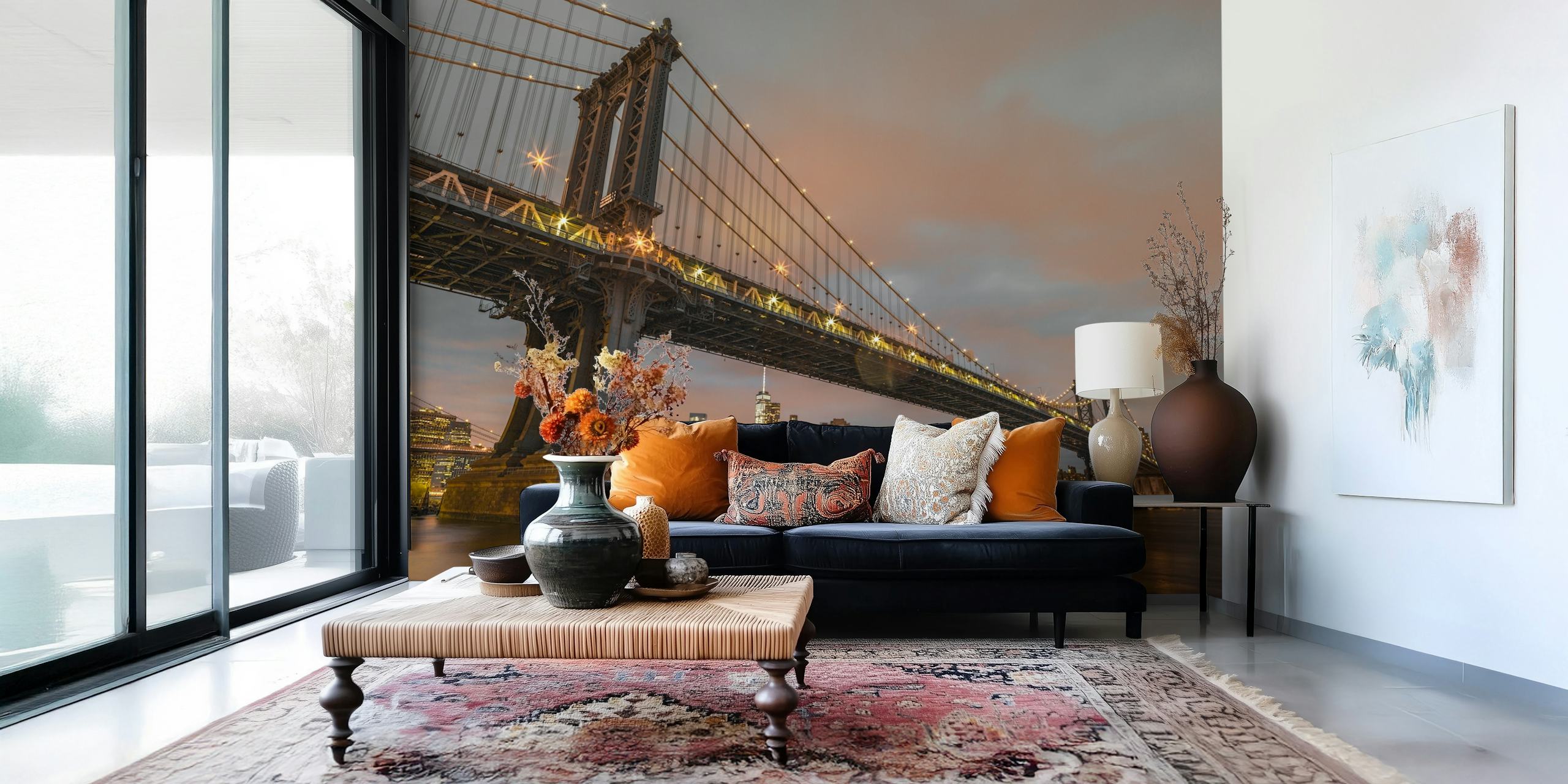 Manhattan Bridge cityscape wallpaper featuring urban skyline colors and architectural details