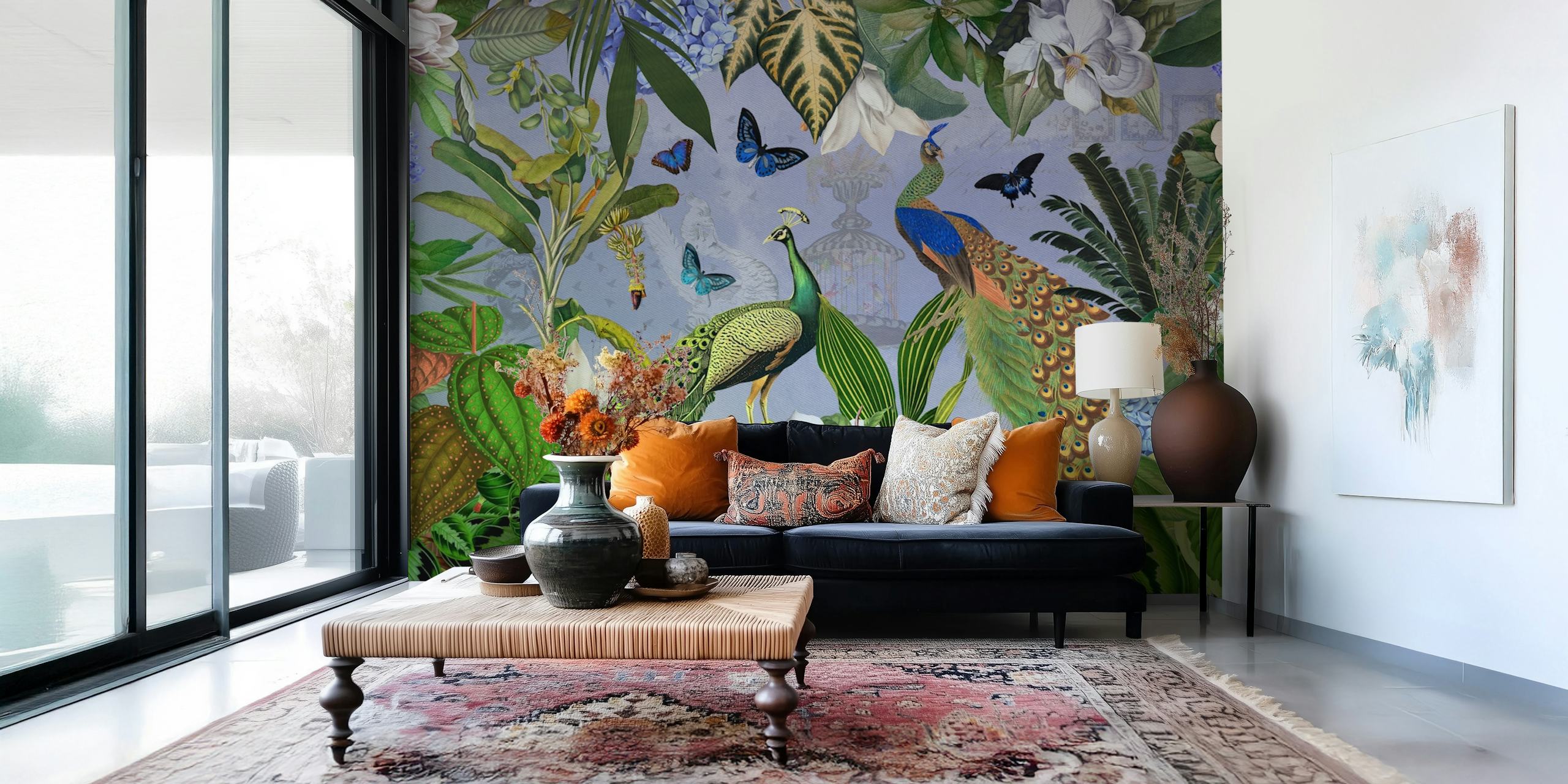 Tropical Night Garden Wallpaper with Blue Peacock