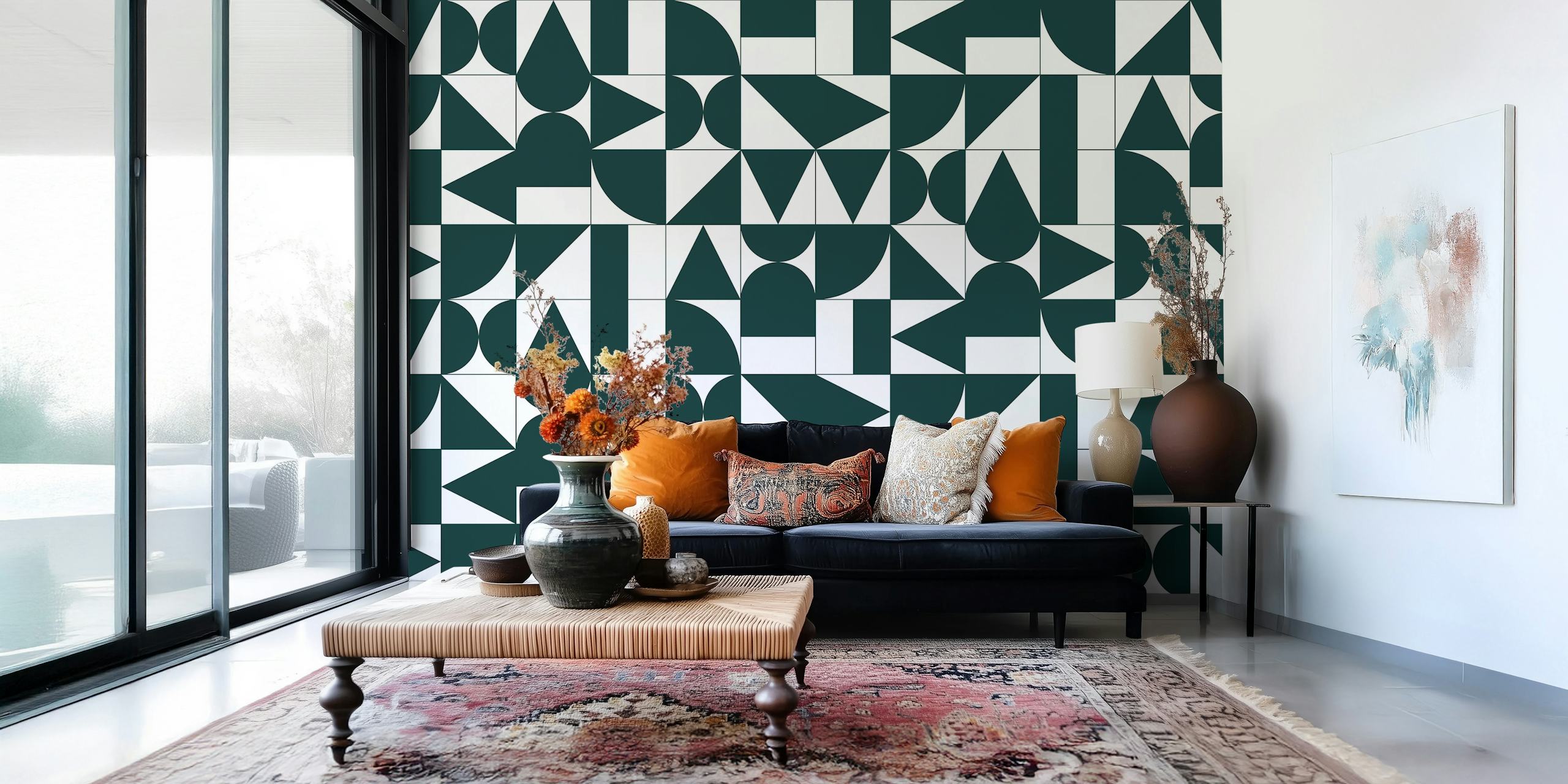 Geometric wallpaper design in a room