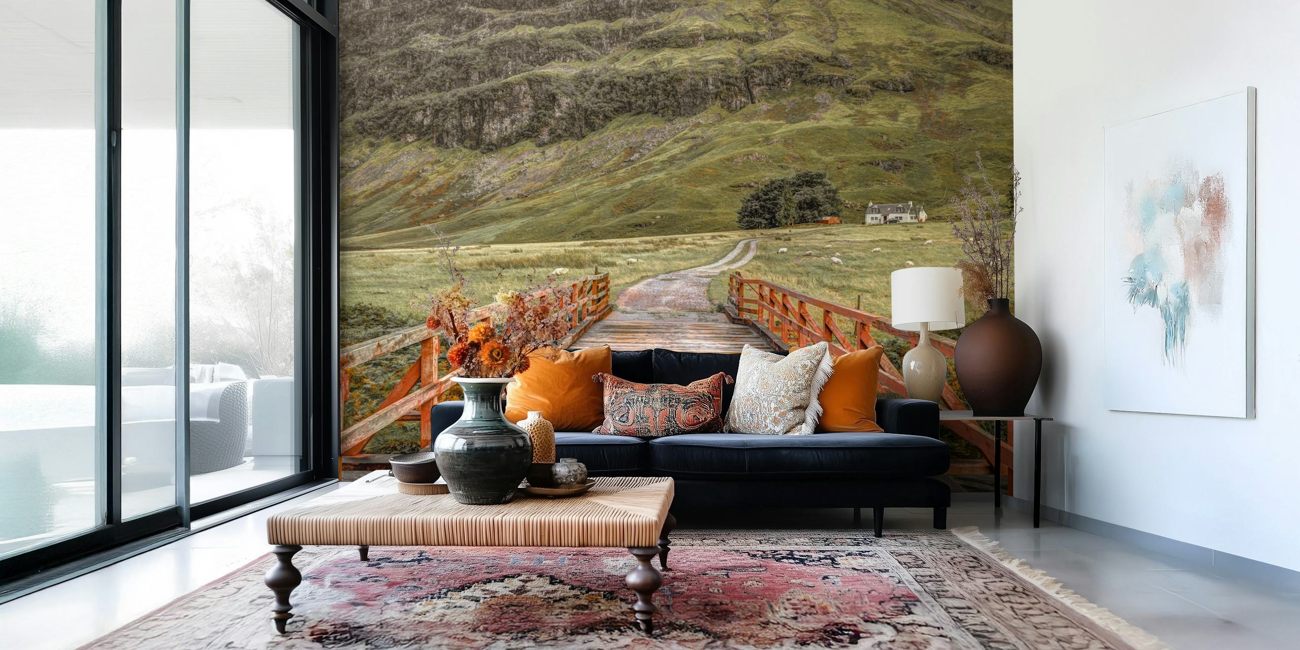 Bridge leading to un papier peint de paysage verdoyant