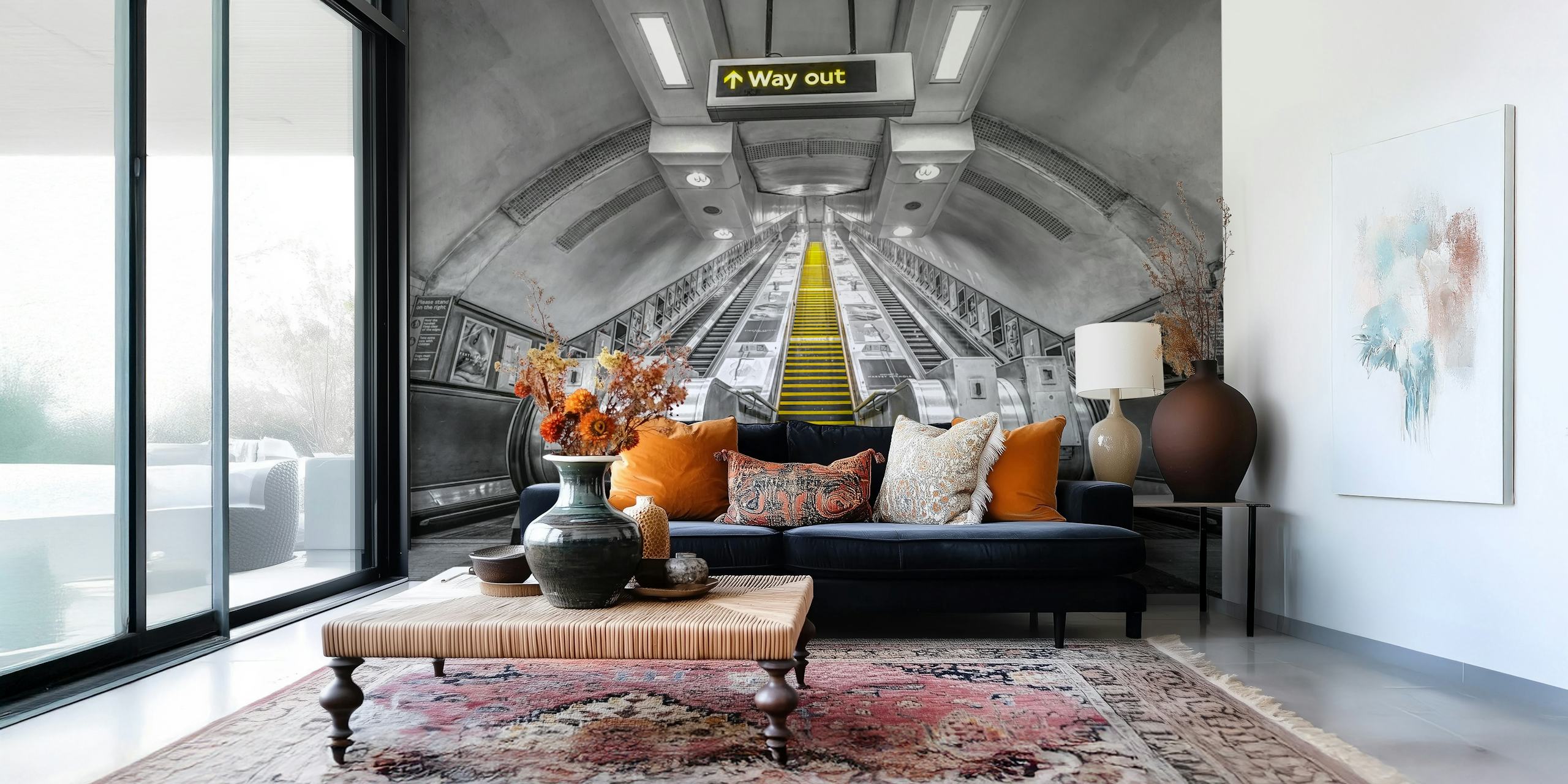 London Tube escalators in a room setting.
