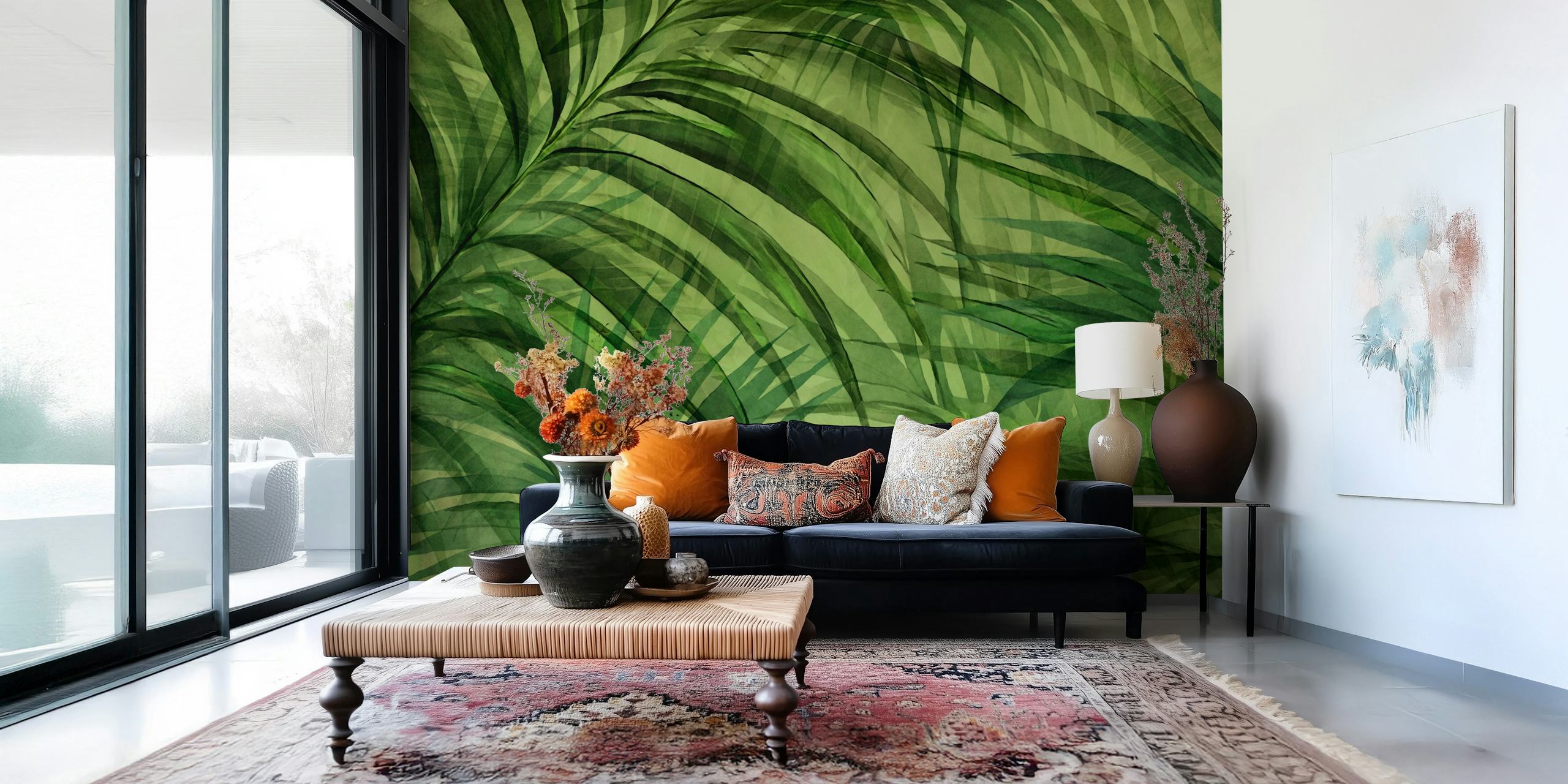 Lush green tropical palm leaf wallpaper design