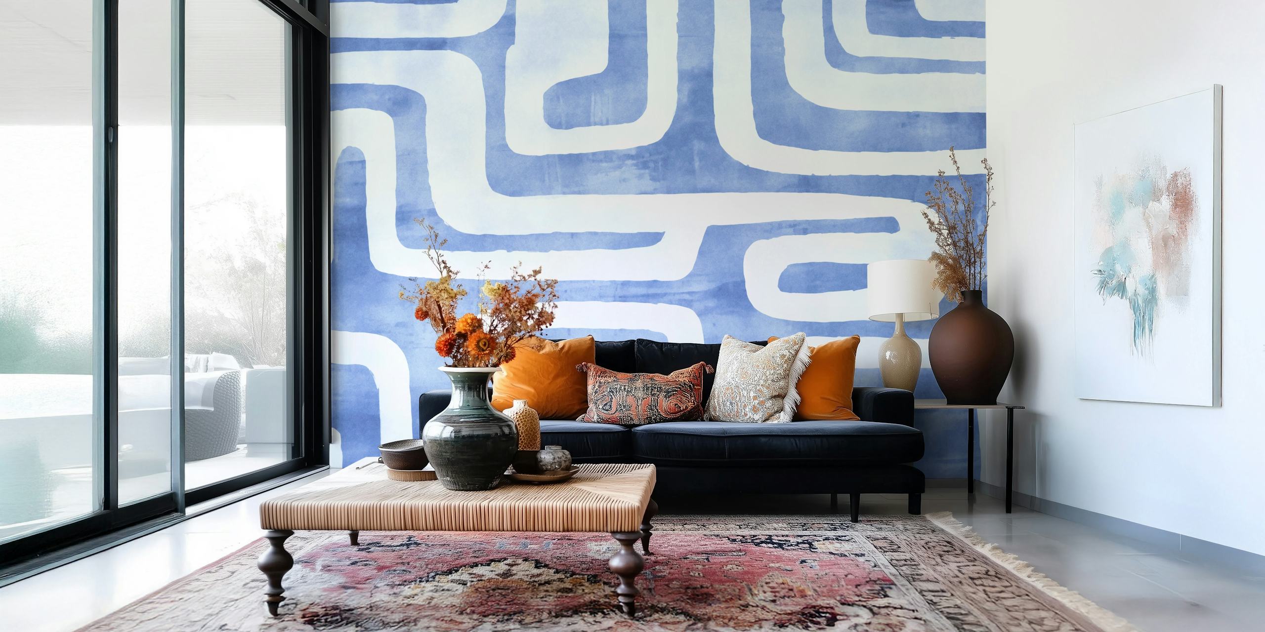 Denim blå och vita tribal-inspirerade abstrakta former väggmålning