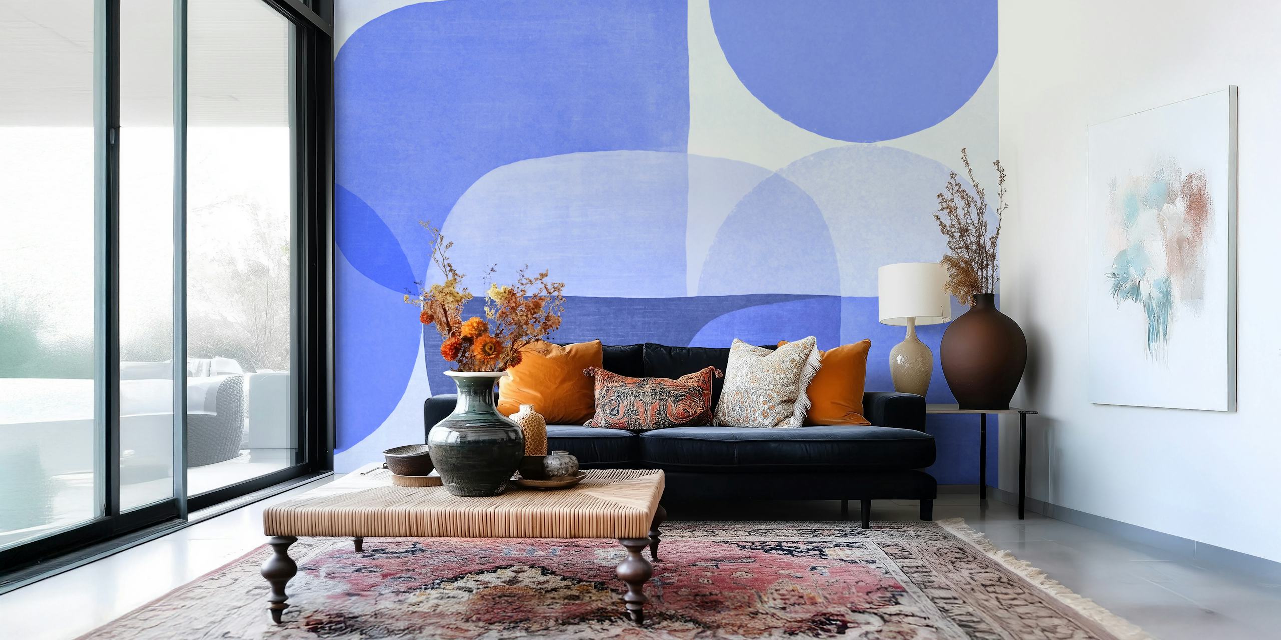 Papier peint Mid Century Roundish Shapes Blue dans une pièce