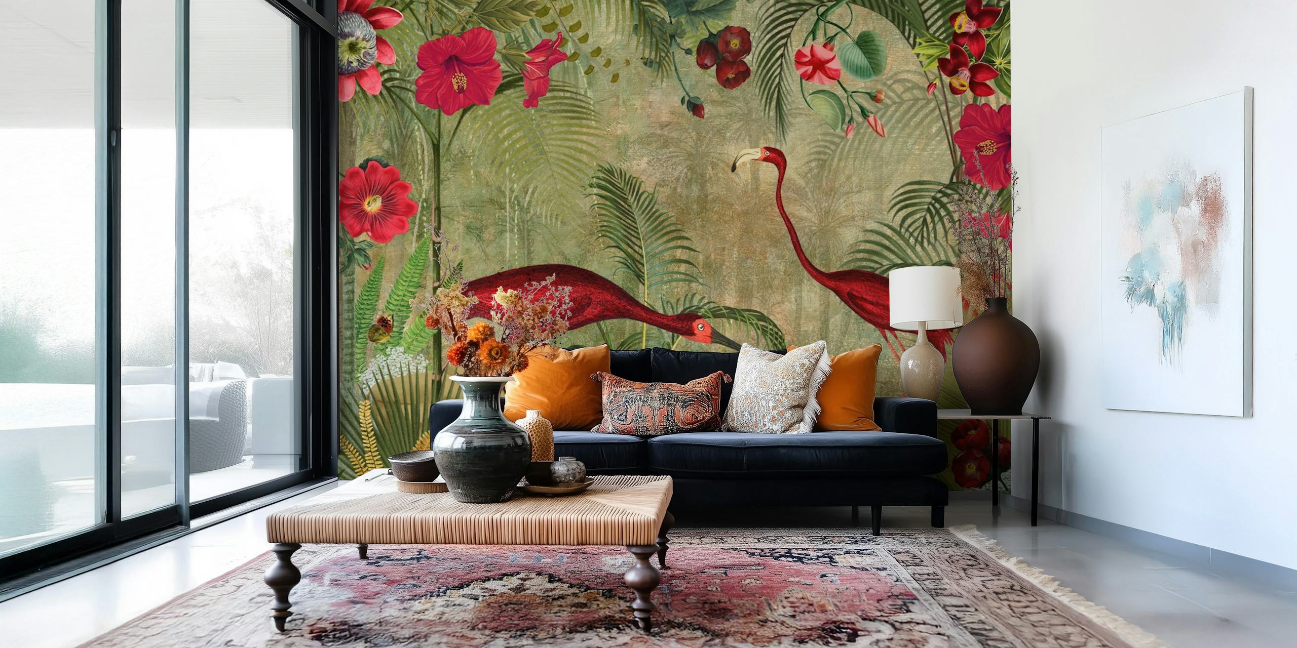Papier peint Red Flamingo Vintage Rainforest Garden