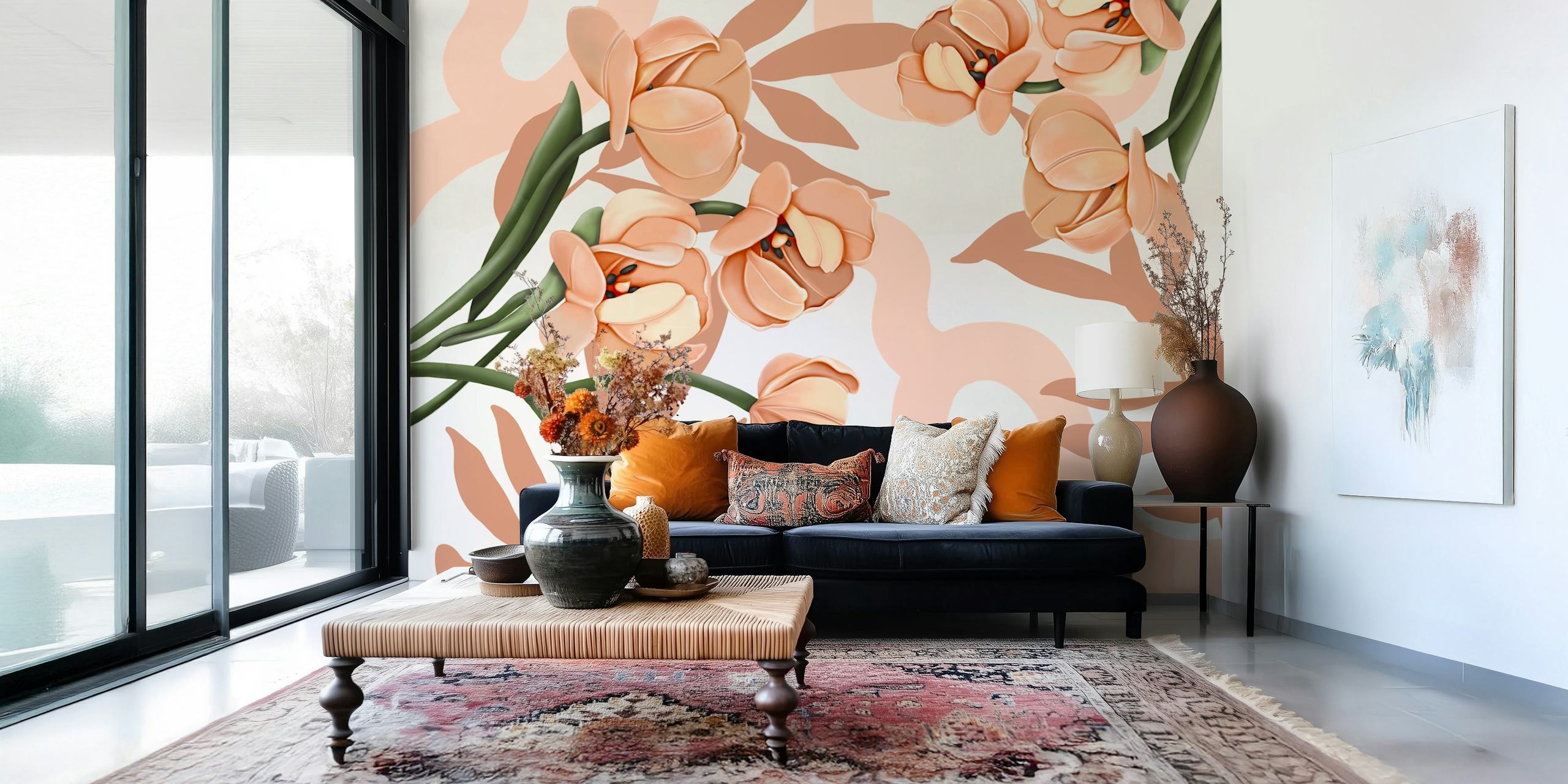 Large pink flowers wallpaper design in a room