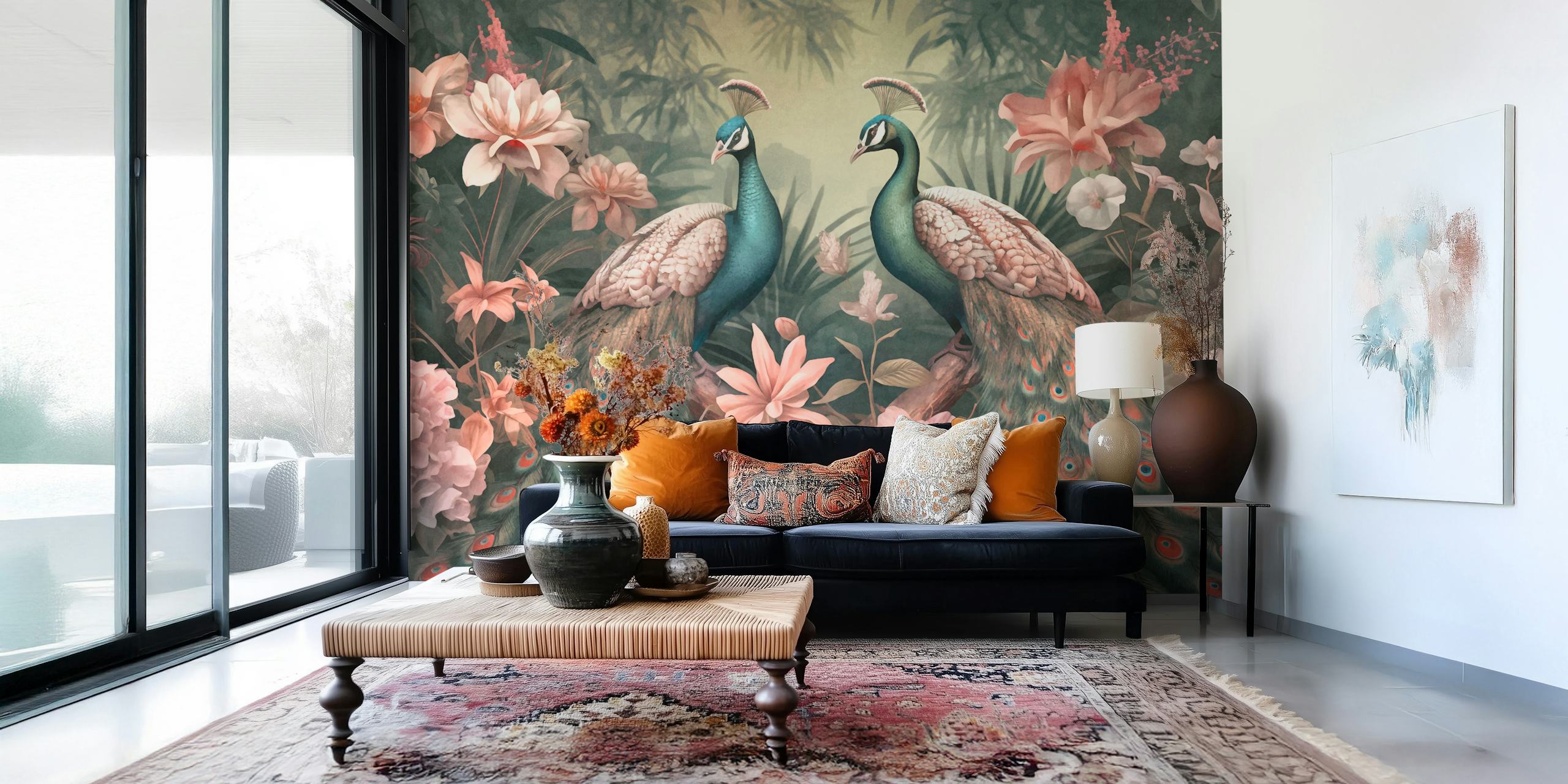 Two peacocks amidst a pink floral jungle on a wall mural