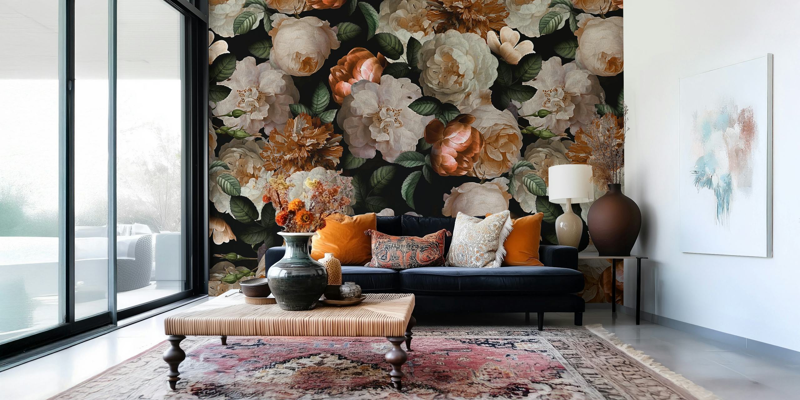 Vintage floral gold roses wallpaper with dark background
