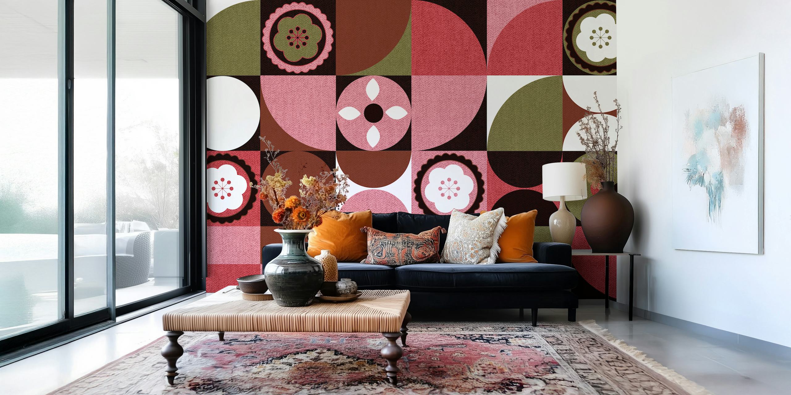 Peinture murale géométrique abstraite Scandi Floral Bauhaus avec un mélange de motifs floraux et de formes géométriques dans des tons de terre