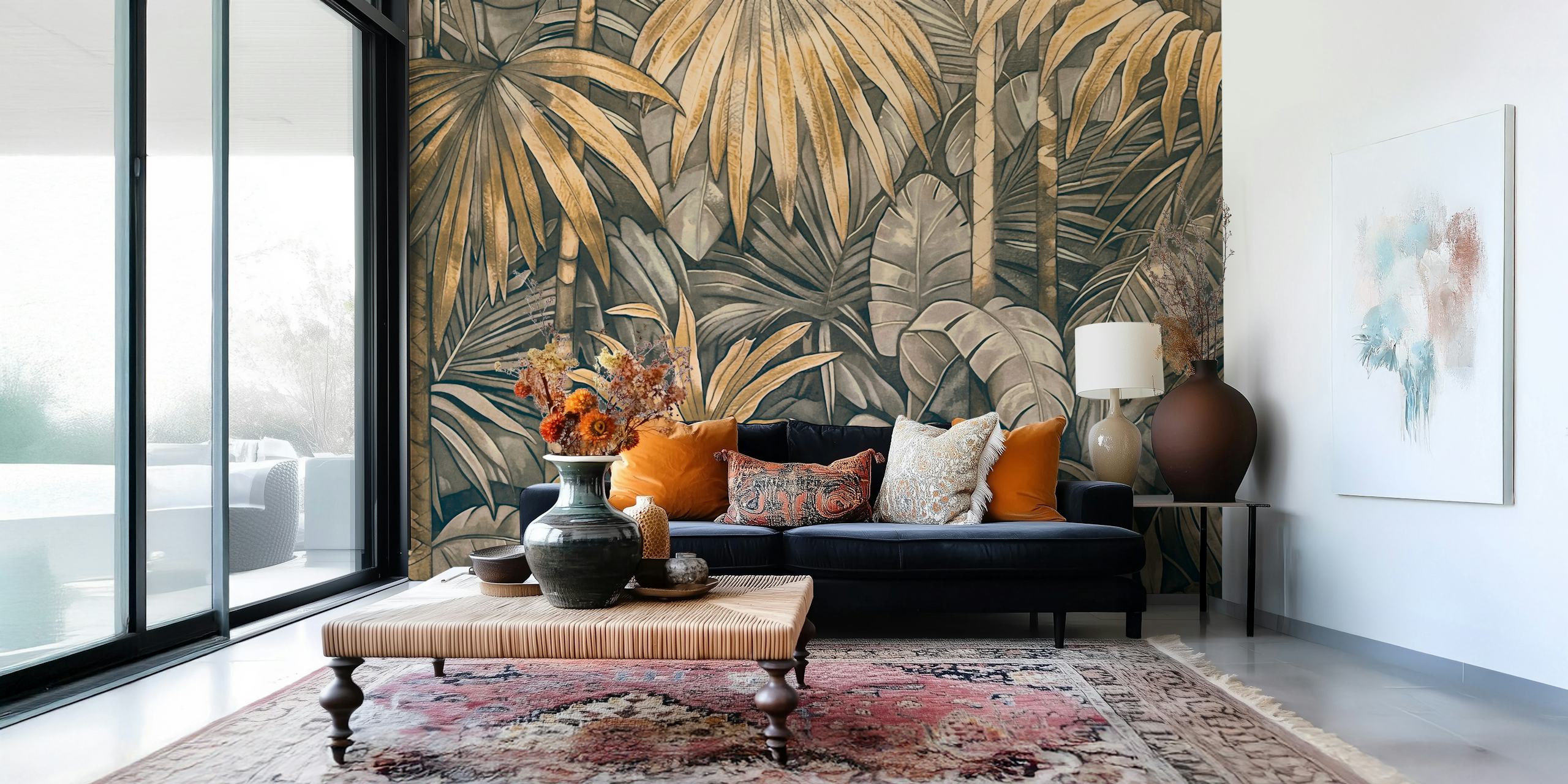 Fototapeta Mystic Jungle Tropical Escape z brązowymi i szarymi tropikalnymi liśćmi