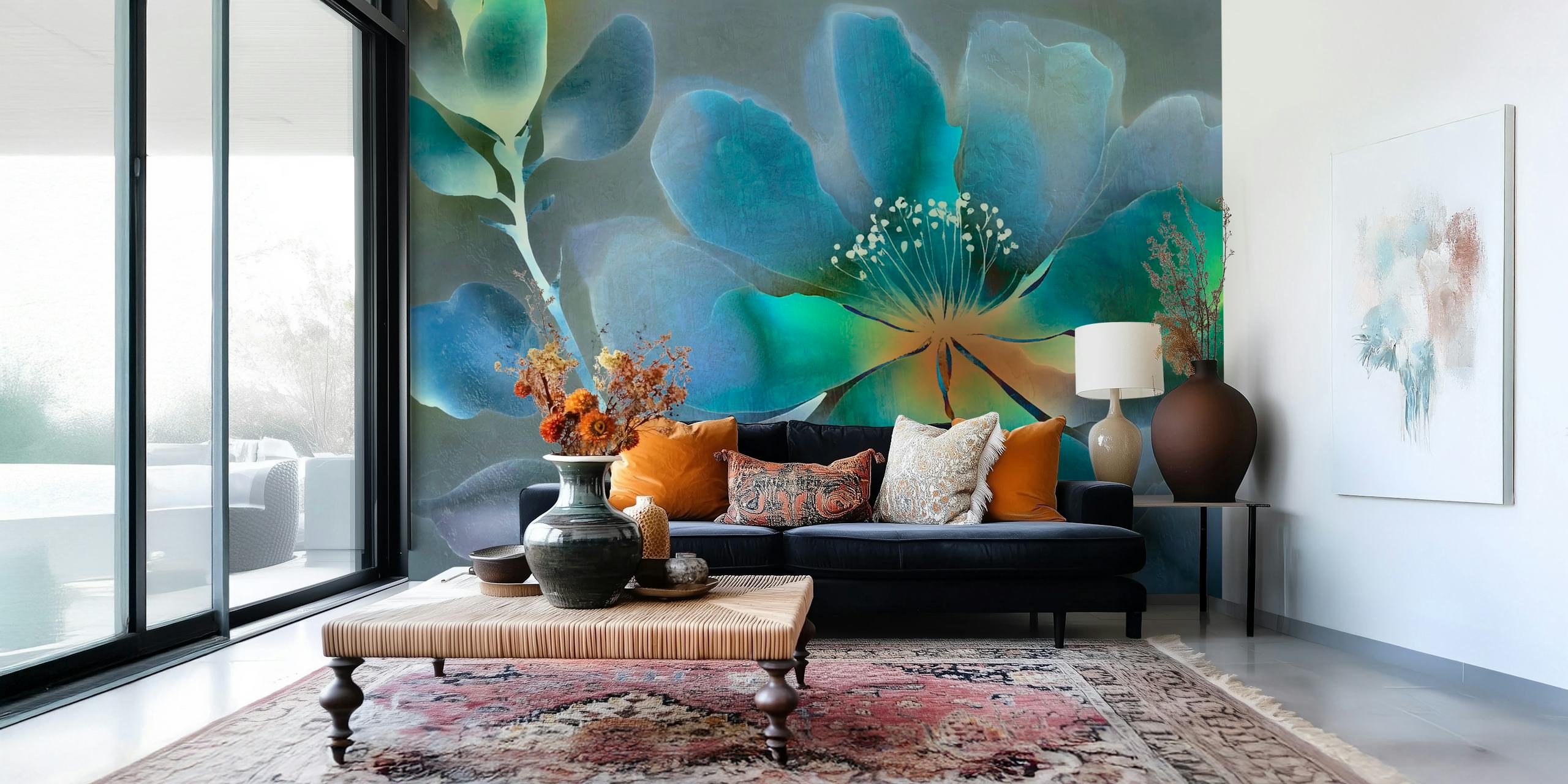 Op Azië geïnspireerde wabi-sabi bloemenmuurschildering met elegante bloemen met een rustige en natuurlijke uitstraling